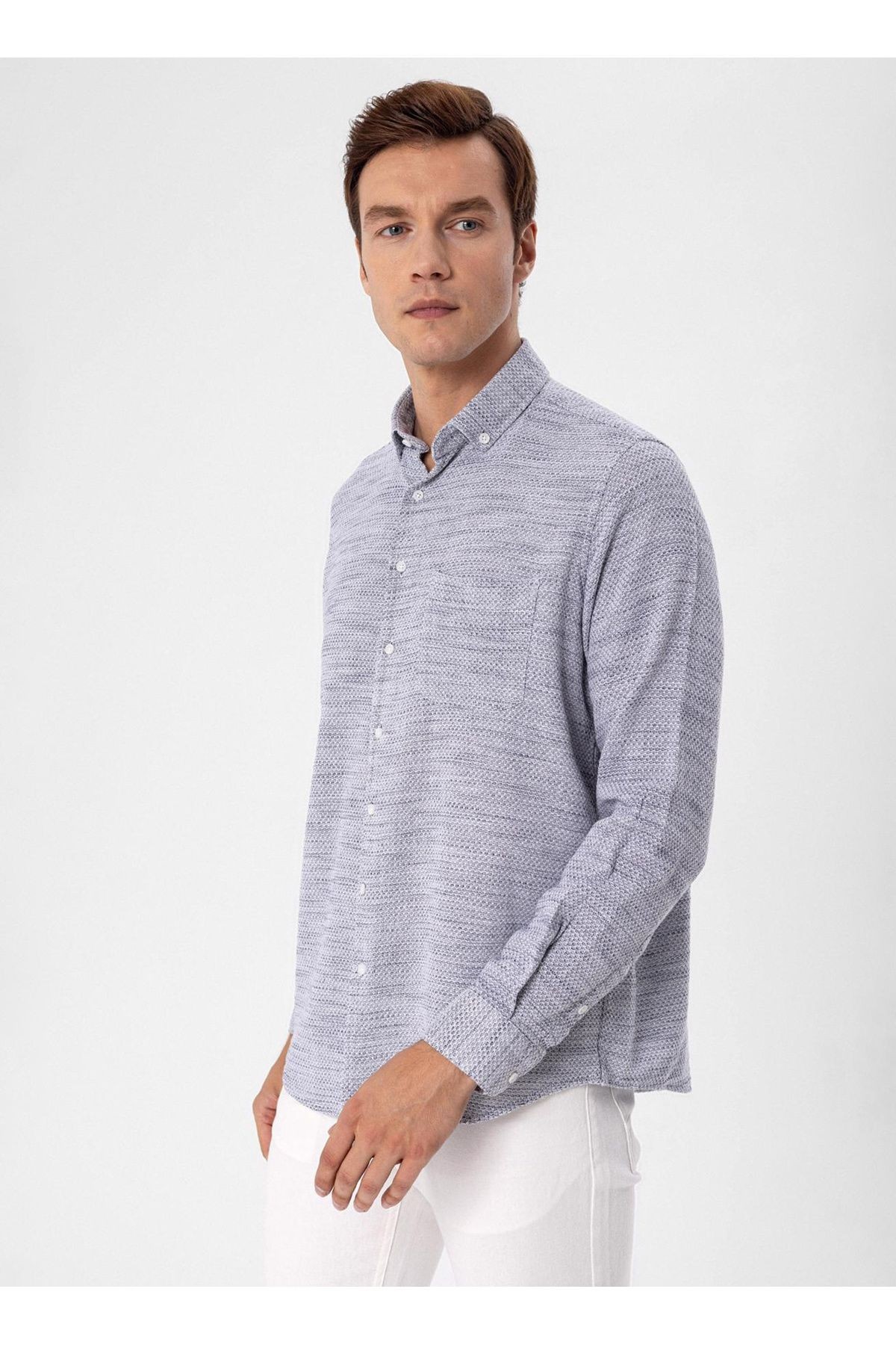 Süvari Regular Fit Düğmeli Yaka Düz Lacivert Erkek Gömlek GM1008300078