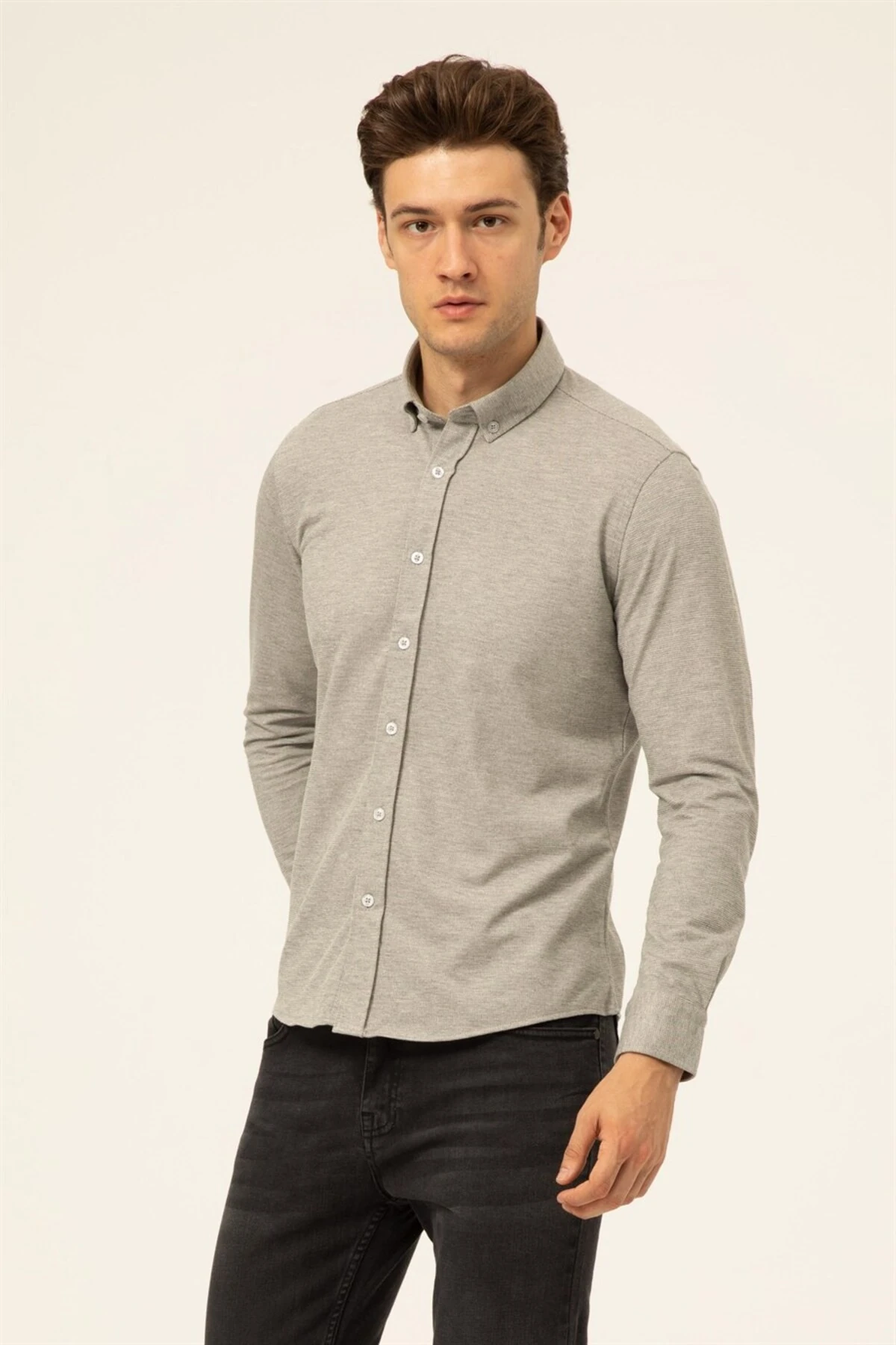 Süvari Slim Fit Uzun Kol Jakarlı Örme Bej Erkek Gömlek