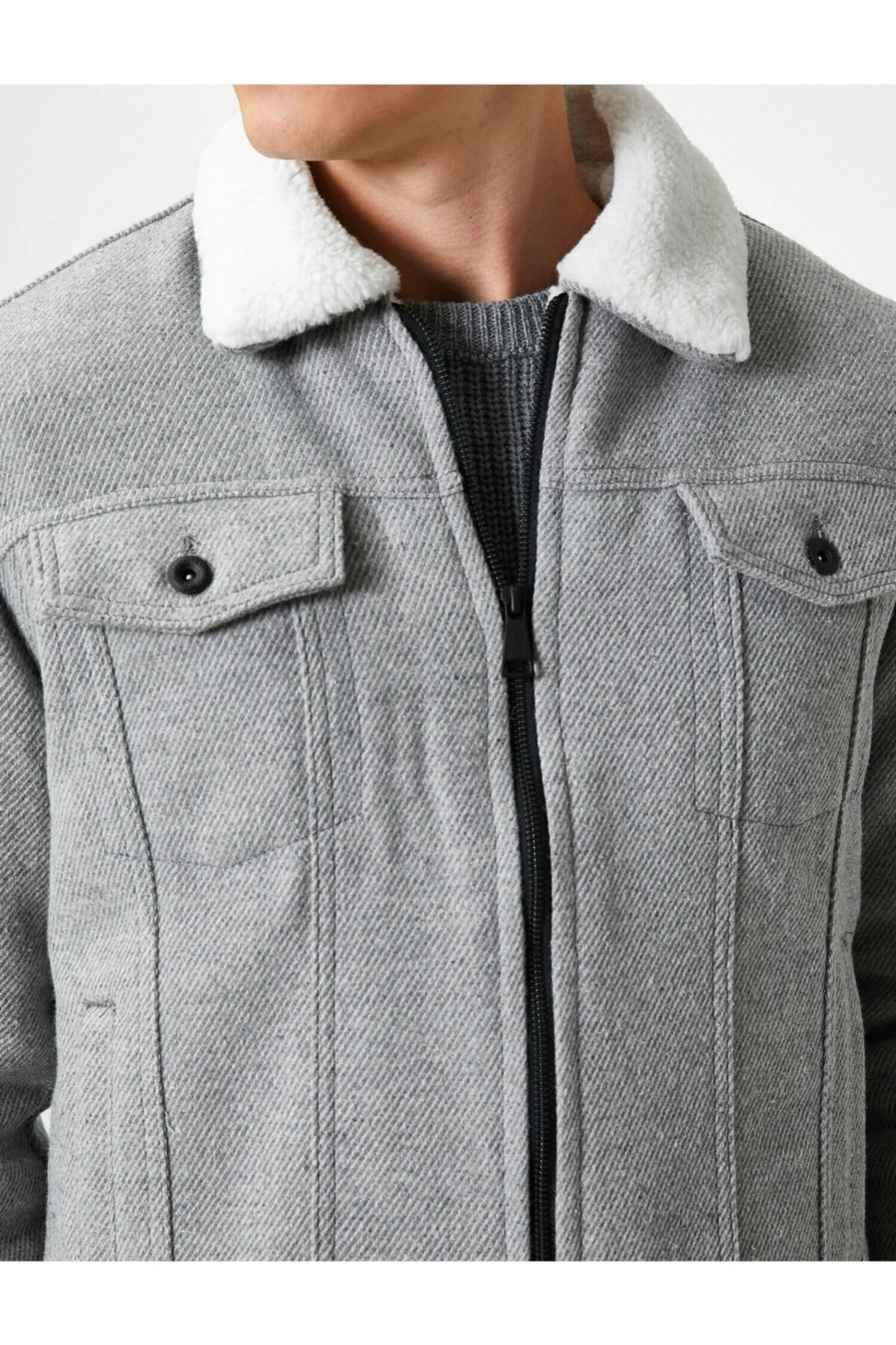 Suni Kürk Detaylı Fermuarlı Cepli Ceket