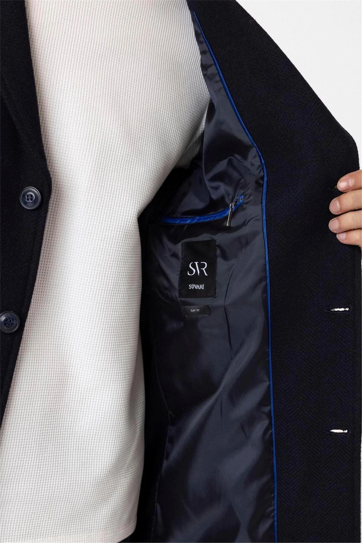 Lacivert Slim Desenli Sivri Yaka Kaban