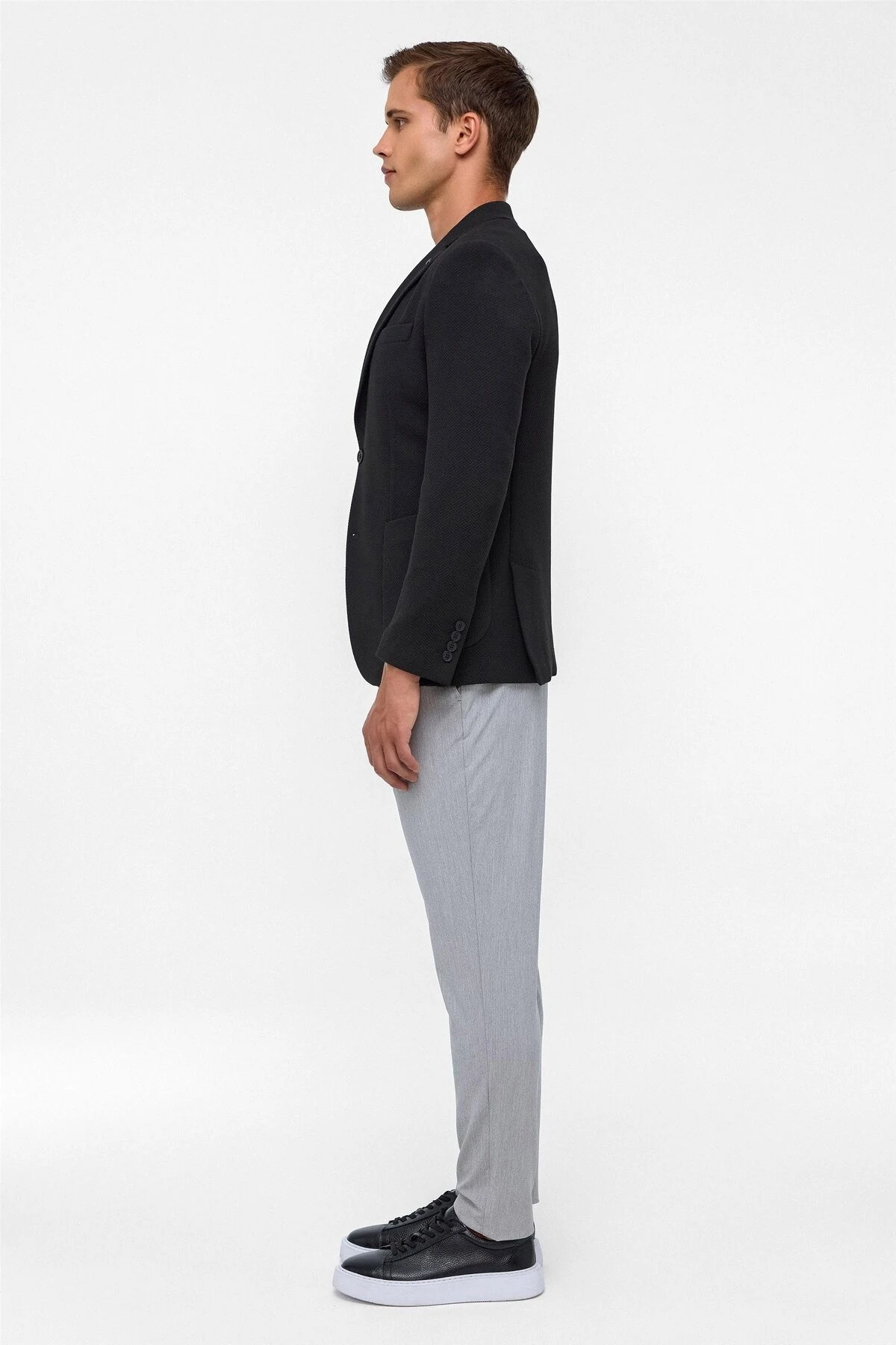 Siyah Slim Fit Desenli Mono Yaka 6 Drop Ceket