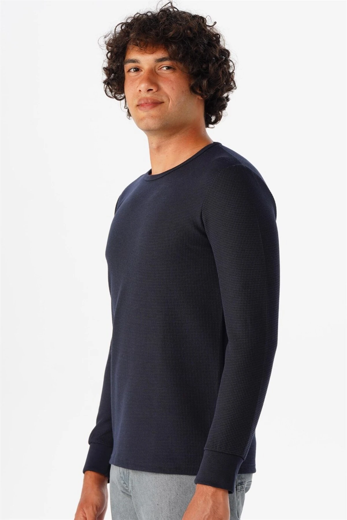 Süvari O Yaka Uzun Kol Lacivert Waffle Desenli Slim Fit Erkek Triko