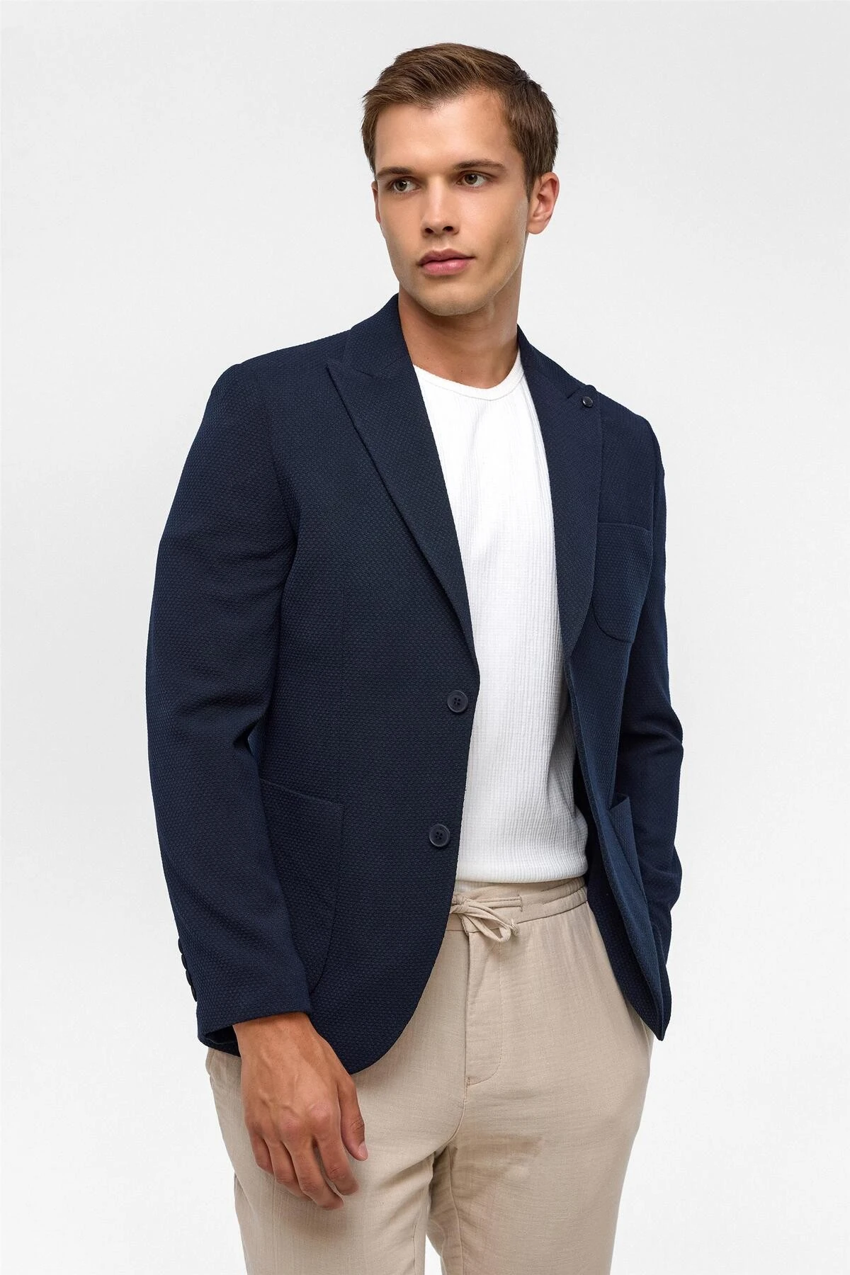 Lacivert Slim Desenli Sivri Yaka 6 Drop Ceket