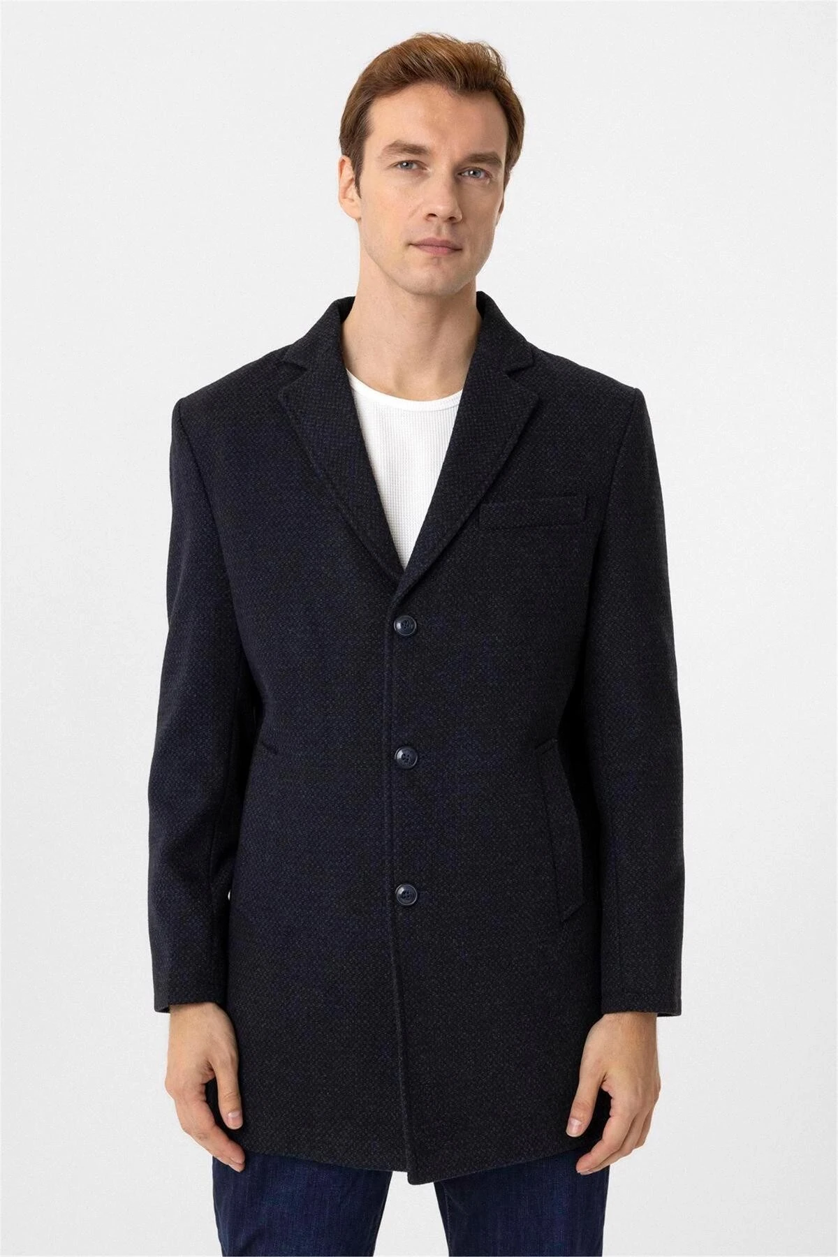 Lacivert Slim Desenli Mono Yaka Kaban