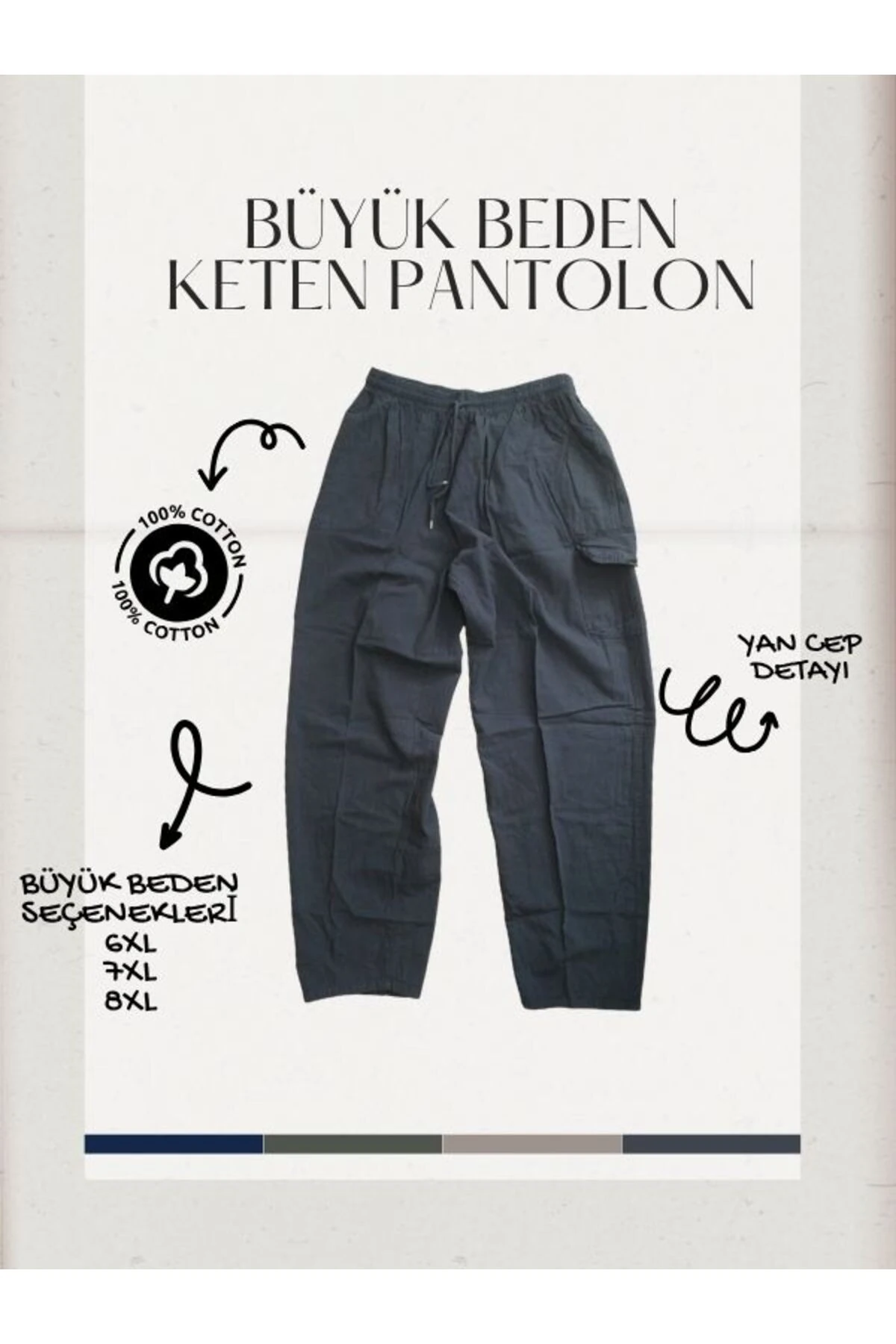 %100 Keten Süper Battal Pantolon 6XL-7XL-8XL | Bel Lastikli, Yandan Cepli Rahat Kesim