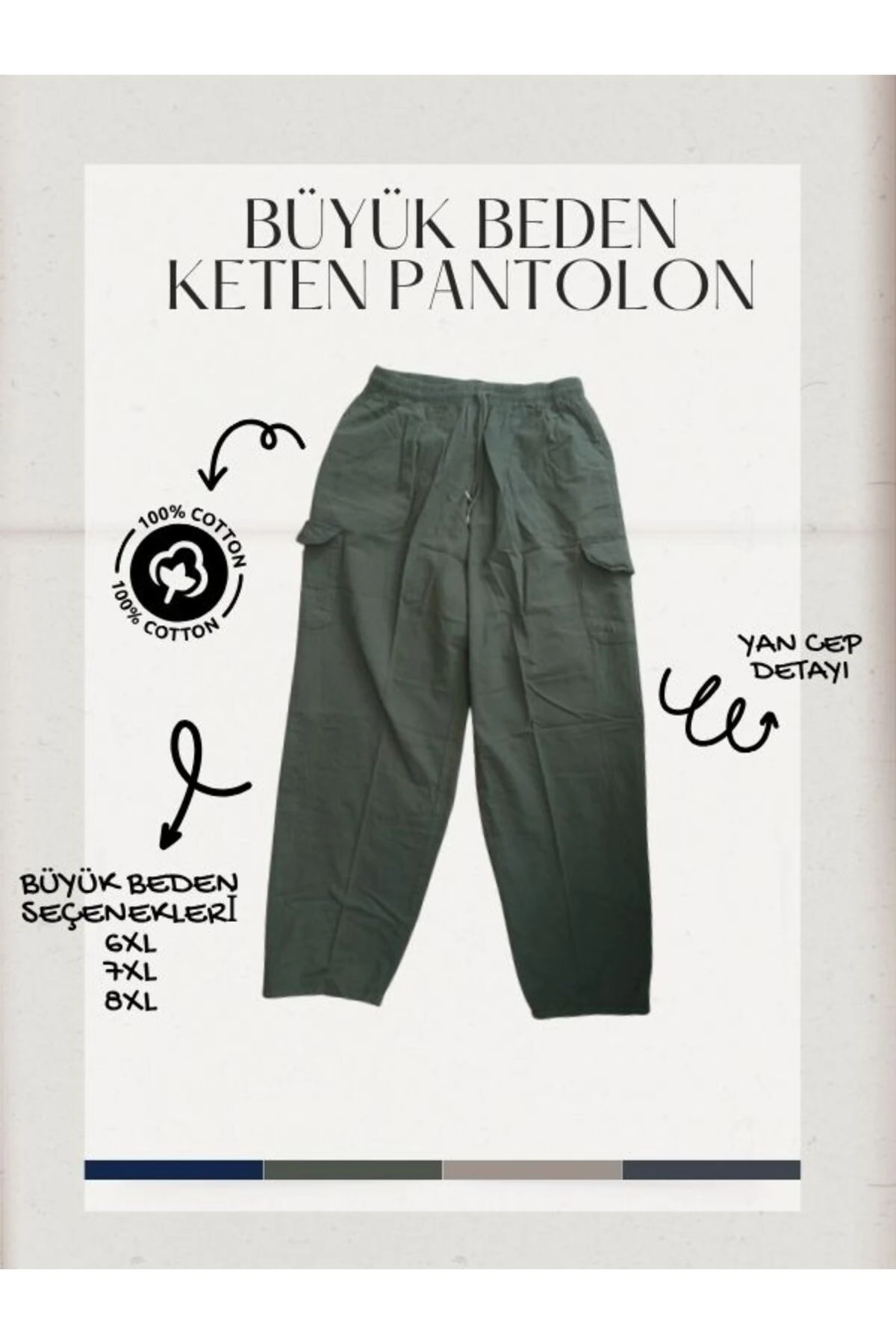%100 Keten Süper Battal Pantolon 6XL-7XL-8XL | Bel Lastikli, Yandan Cepli Rahat Kesim