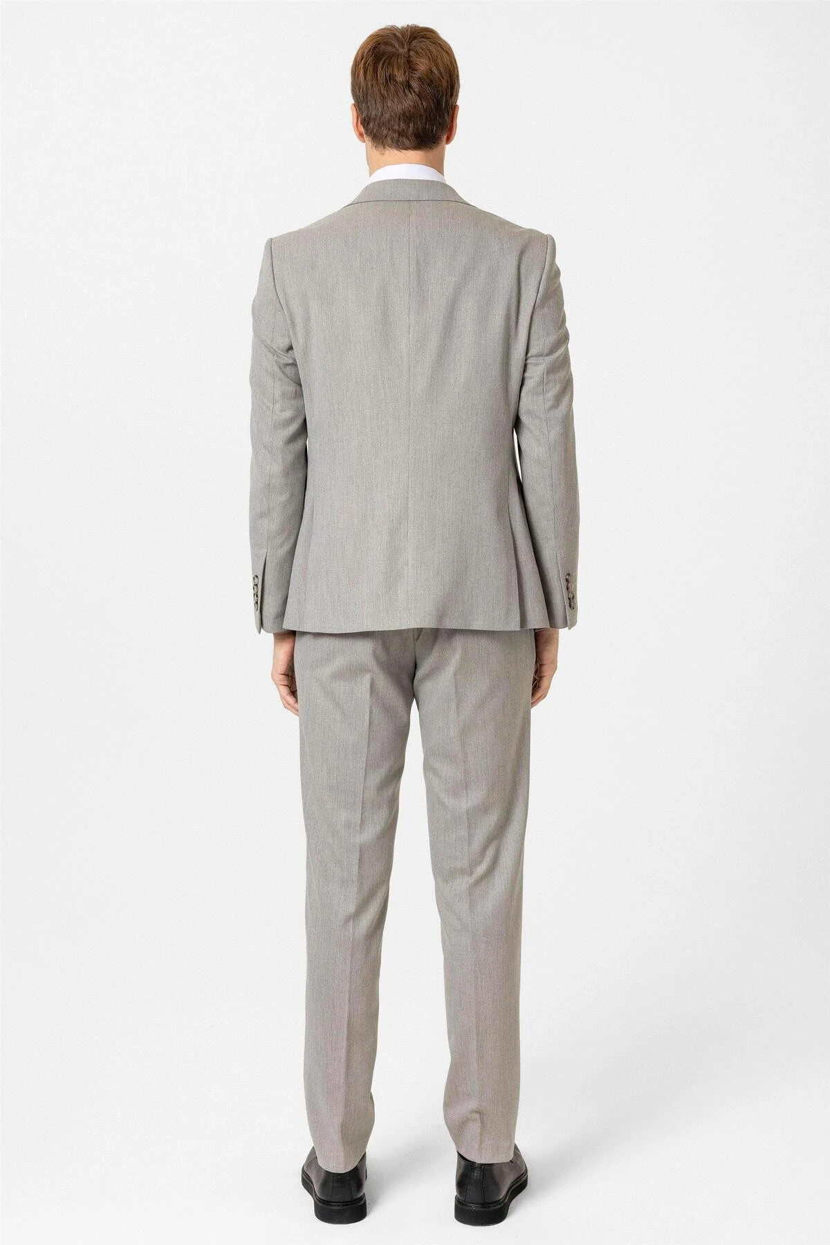 Ekru Slim Fit Desenli Sivri Yaka 6 Drop Yelekli Klasik Takım Elbise