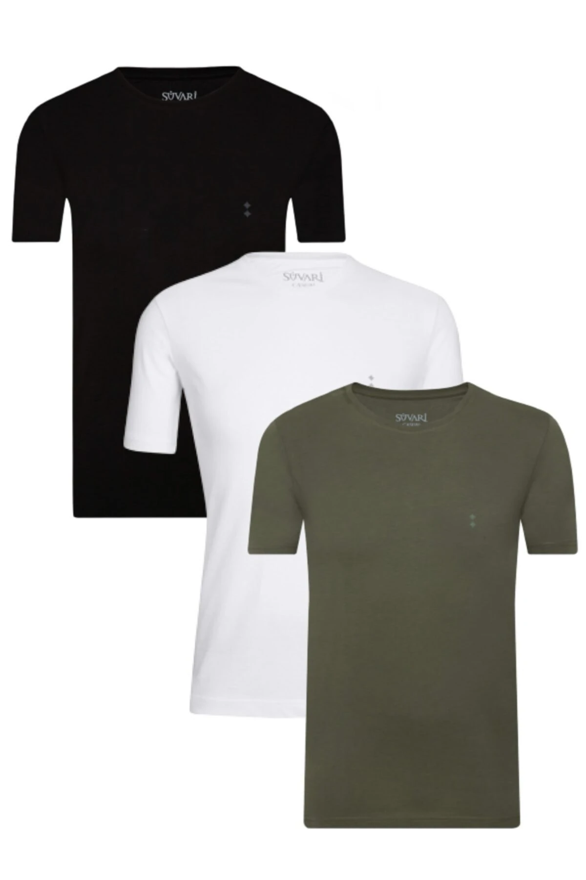 Erkek Siyah Beyaz Haki Pamuk O Yaka 3lü Tshirt