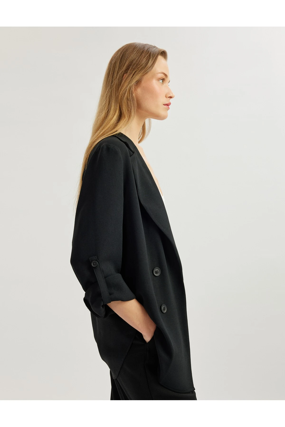 Katlama Detaylı Krep Kumaş 3/4 Kol Kruvaze Uzun Oversize Blazer Ceket