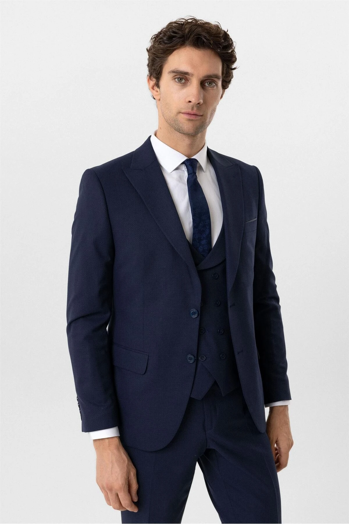 Lacivert Slim Fit Desenli Sivri Yaka 6 Drop Yelekli Klasik Takım Elbise