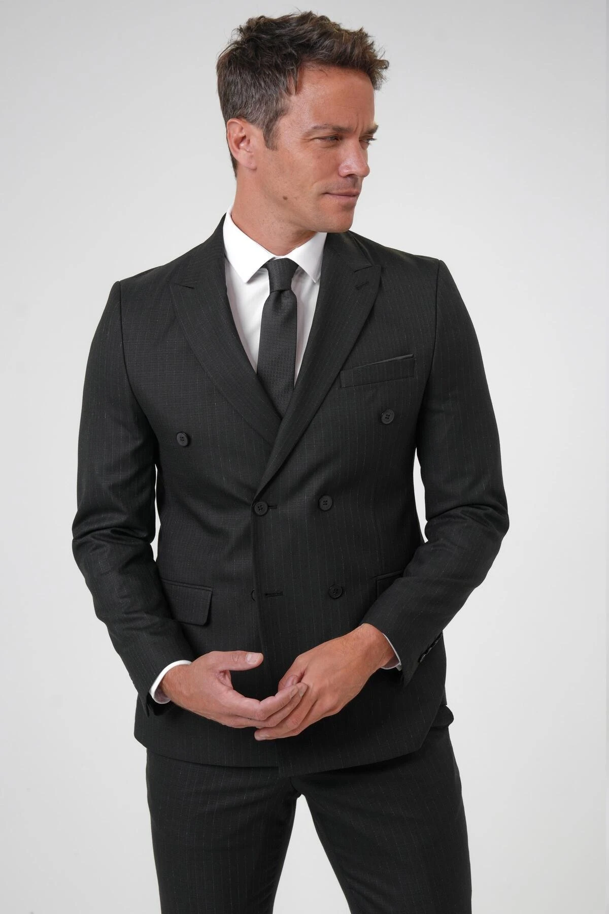 Siyah Slim Fit Desenli Sivri Yaka 6 Drop Klasik Takım Elbise