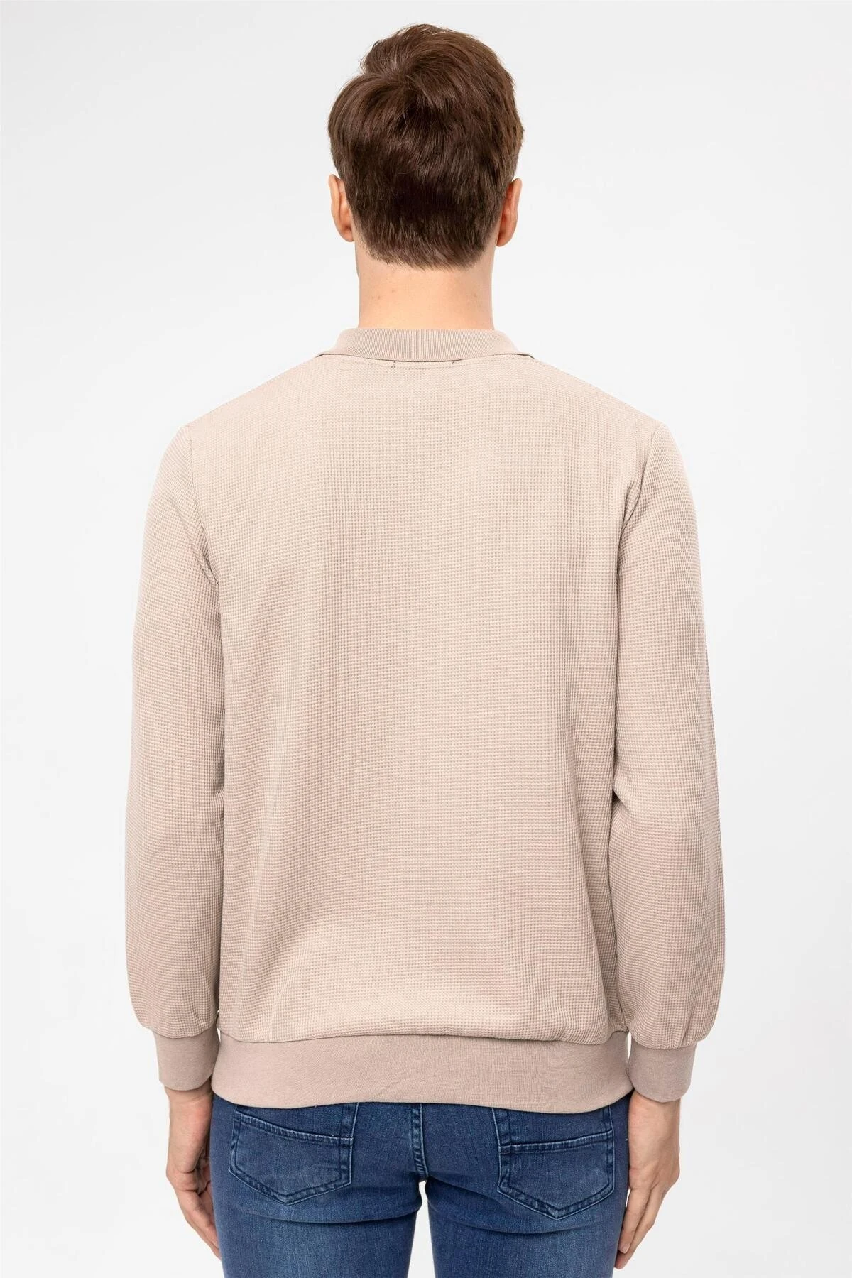 Bej Regular Armürlü Polo Yaka Sweatshirt