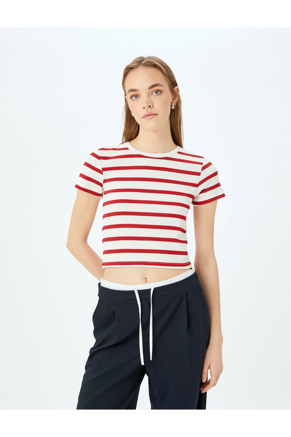 Basic Çizgili Bisiklet Yaka Lacivert Kadın T-Shirt 5SAL10047IK