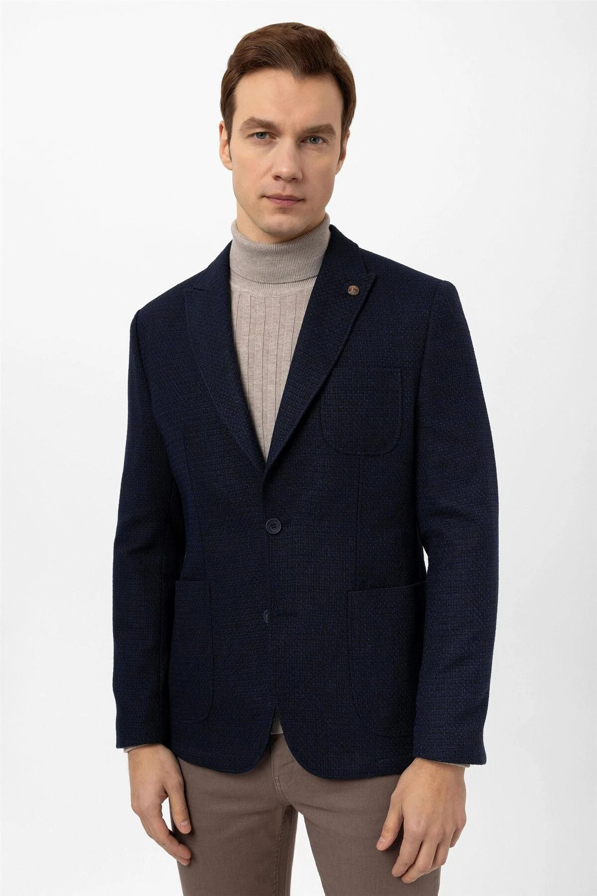 Lacivert Slim Fit Armürlü Sivri Yaka 6 Drop Ceket