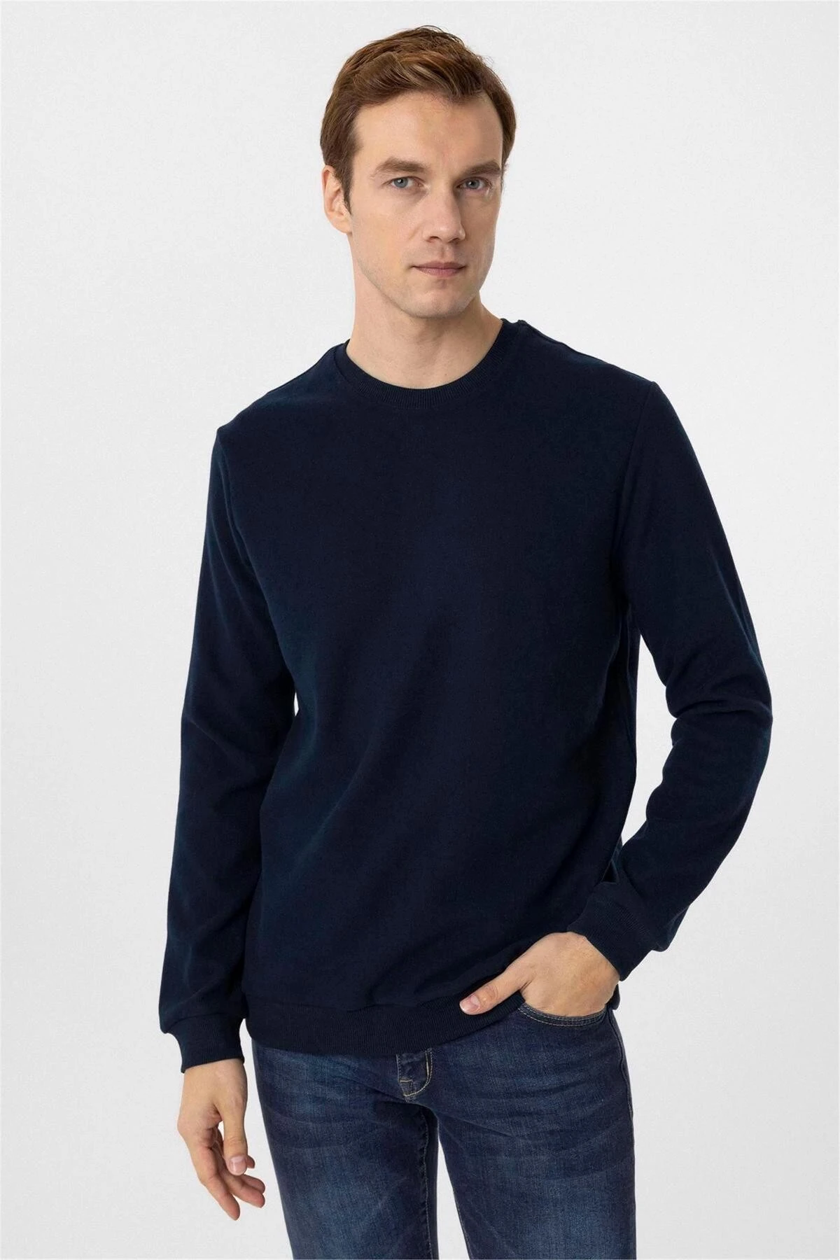 Lacivert Regular Düz Bisiklet Yaka Triko