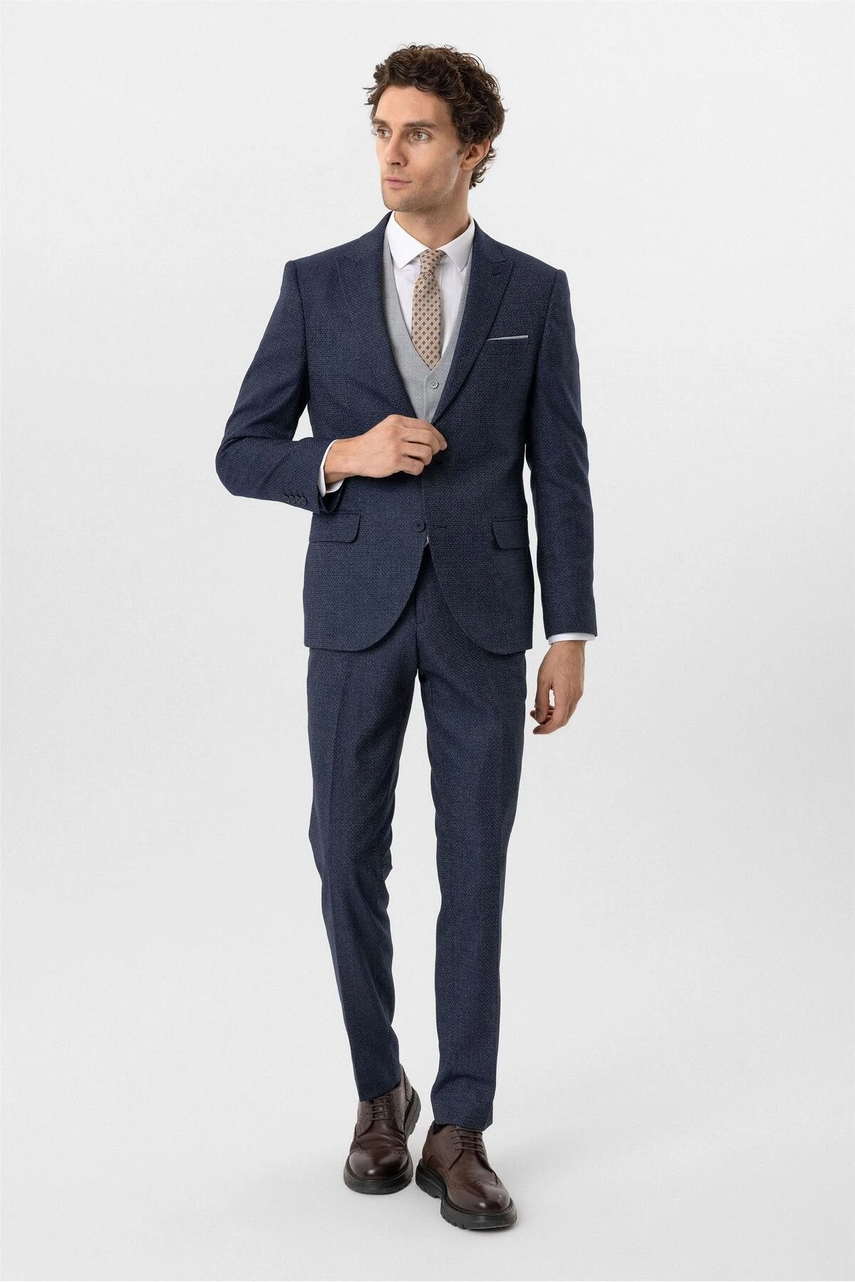 Lacivert Slim Fit Desenli Sivri Yaka 6 Drop Yelekli Klasik Takım Elbise