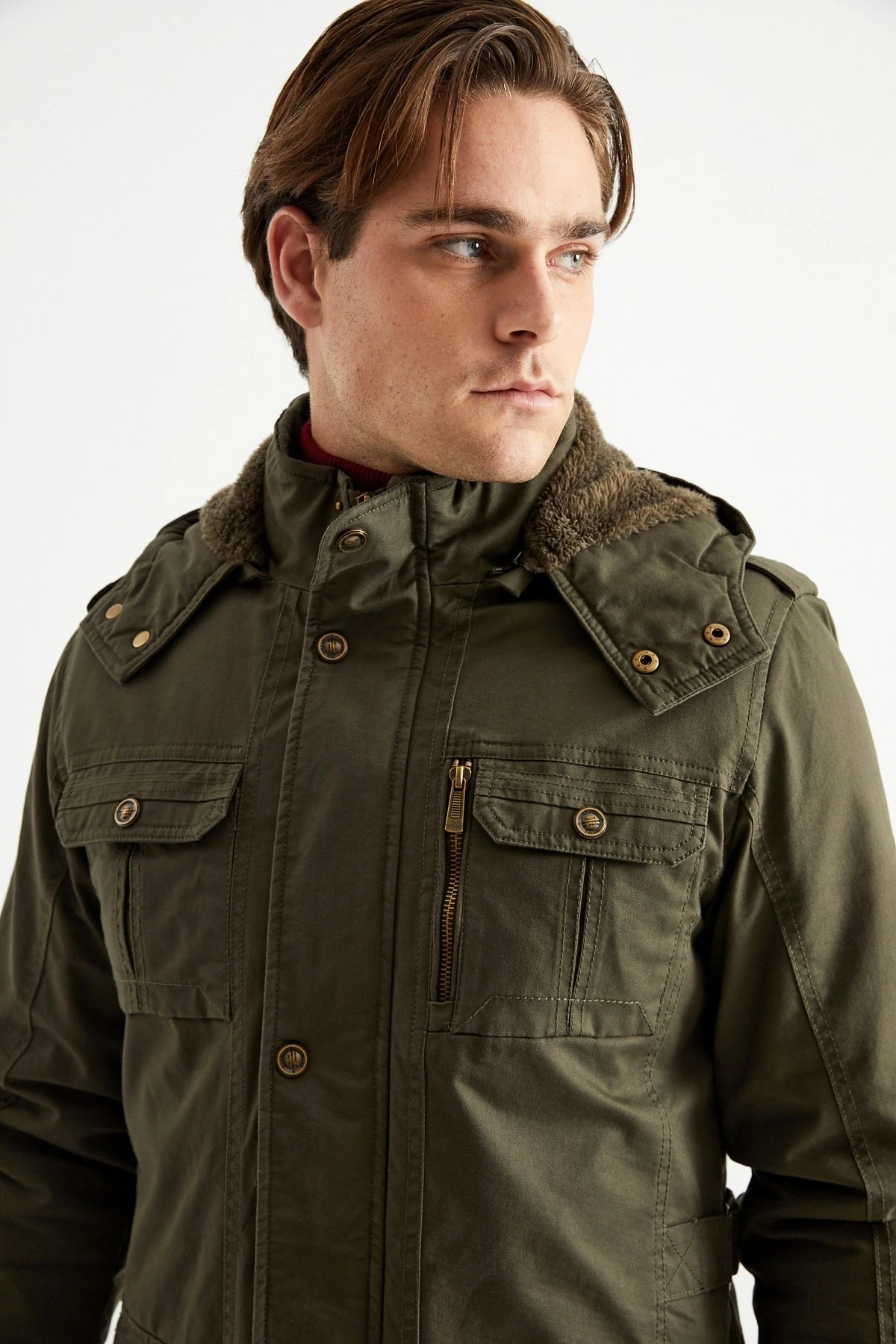 Erkek Askeri Yeşil Büyük Beden Kapüşonlu Kürk Astarlı Su Geçirmez Kalın Kaban