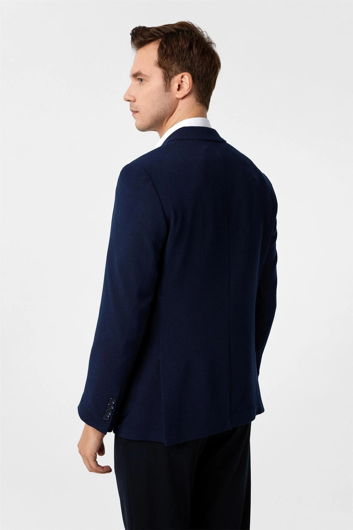 Lacivert Slim Fit Desenli Sivri Yaka 6 Drop Ceket