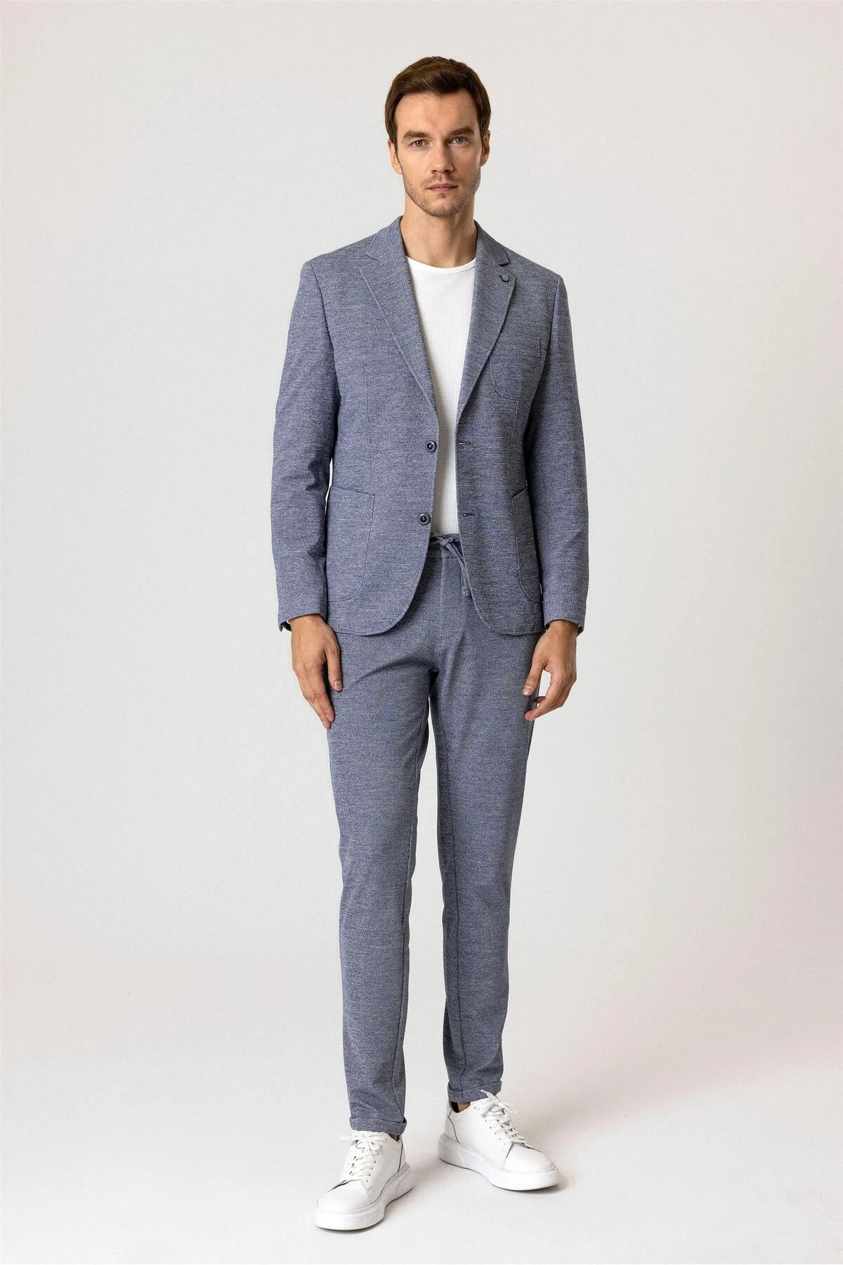 Parlament Mavi Slim Fit Desenli Mono Yaka 6 Drop Spor Takım Elbise