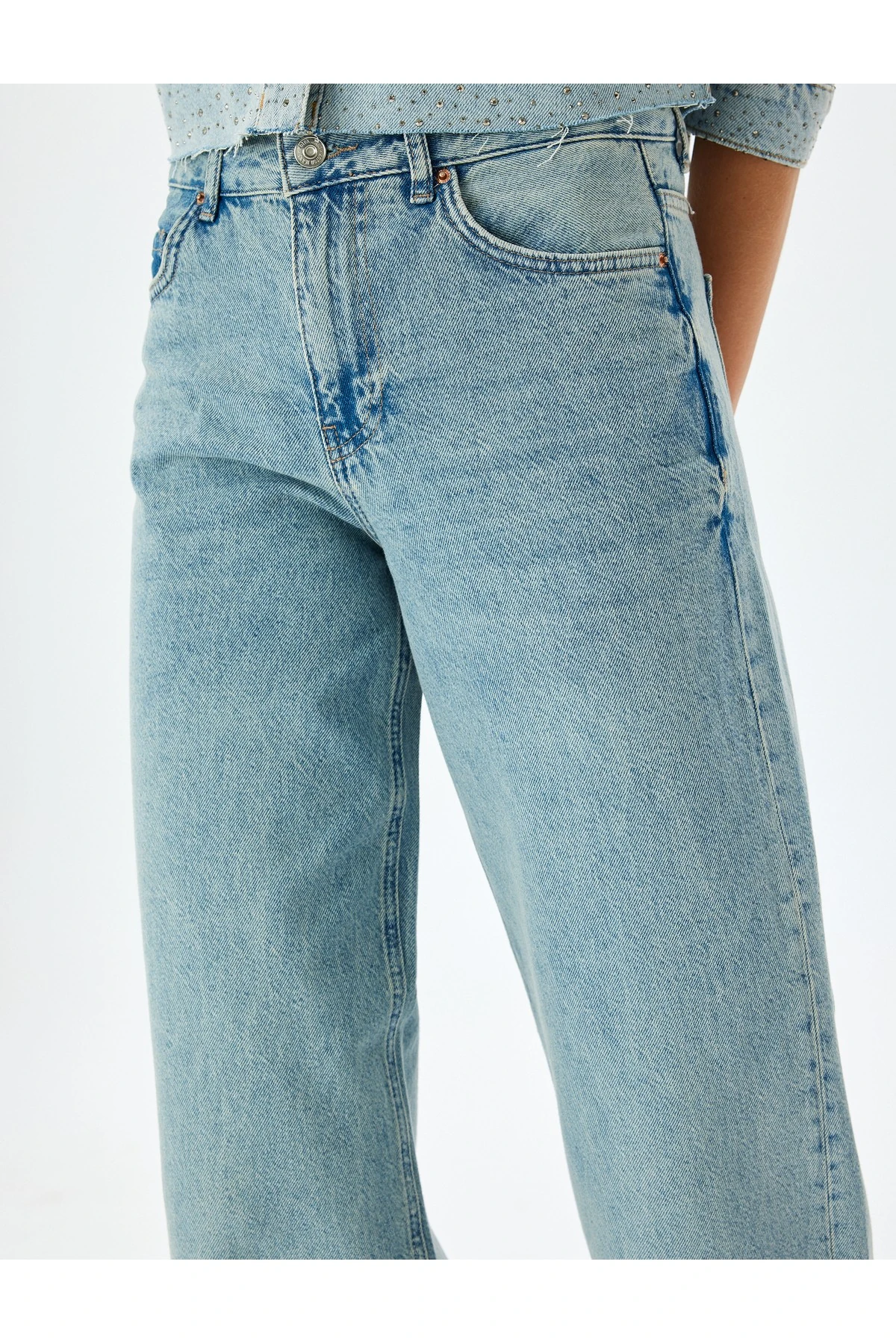 Normal Bel Geniş Paça Düğmeli Kot Pantolon - Wide Leg Jeans