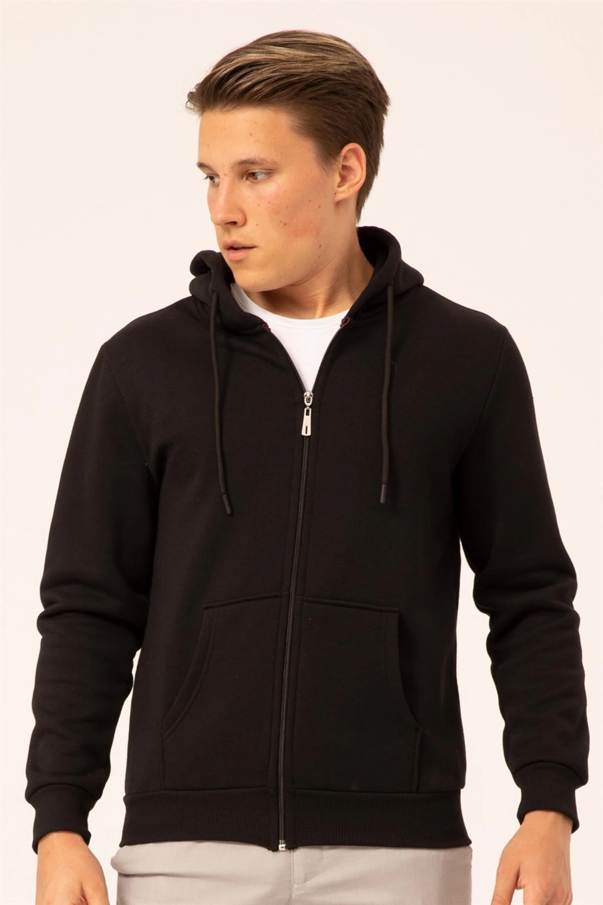 Süvari 3 Iplik Kapşonlu Fermuarlı Siyah Sweatshirt