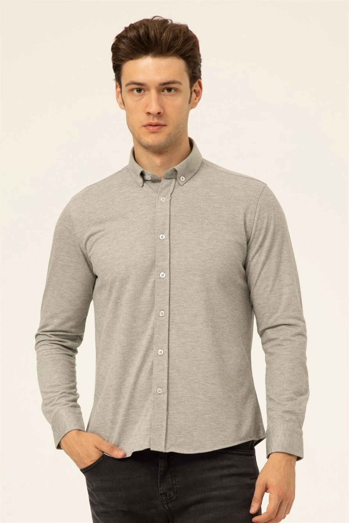 Süvari Slim Fit Uzun Kol Jakarlı Örme Bej Erkek Gömlek