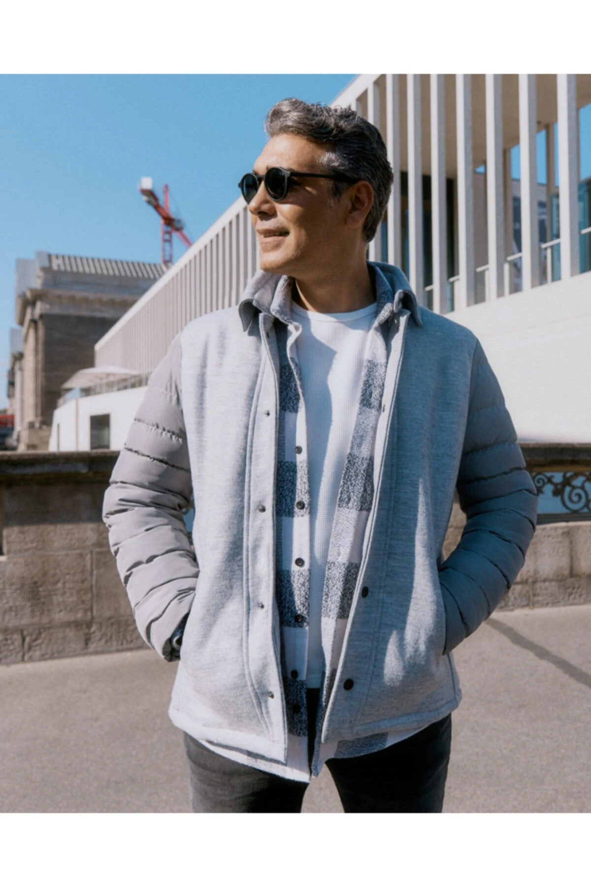 Yünlü Kapitone Gri Erkek Mont