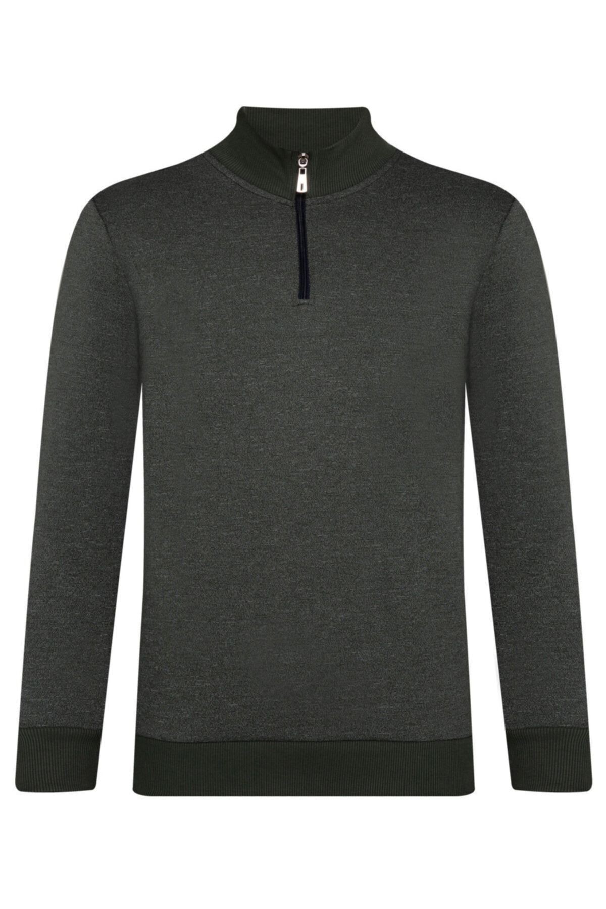 Fermuarlı Keten Yeşil Erkek Sweat