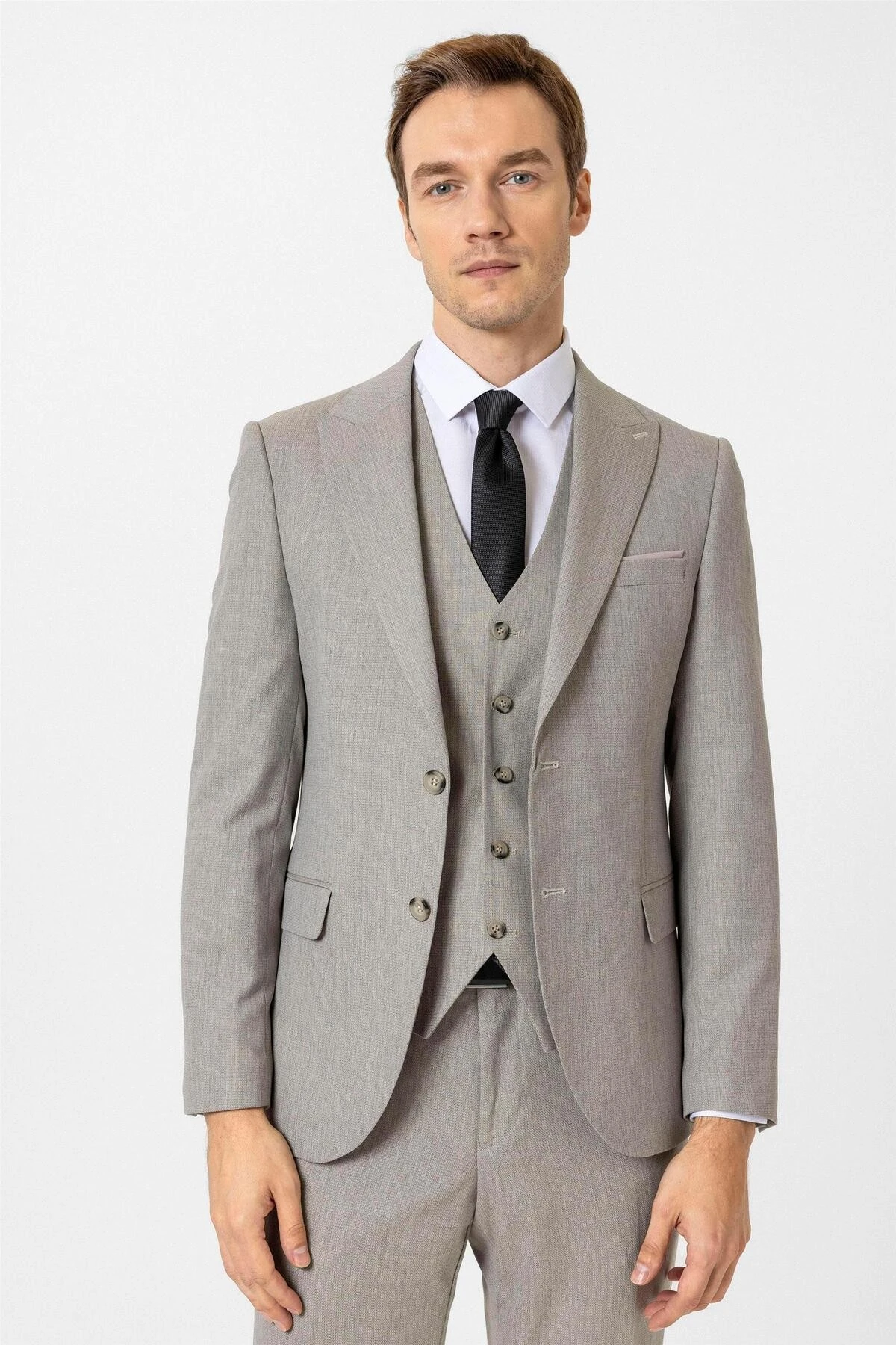 Ekru Slim Fit Desenli Sivri Yaka 6 Drop Yelekli Klasik Takım Elbise