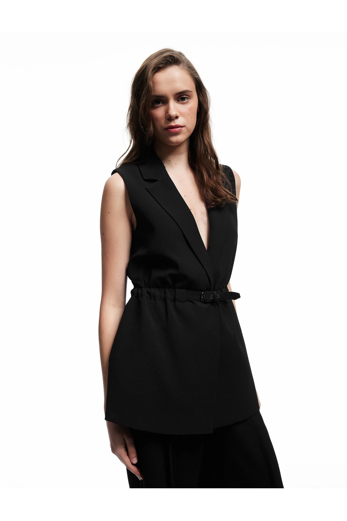 Astarlı Kruvaze Kolsuz Kemerli Uzun Yelek