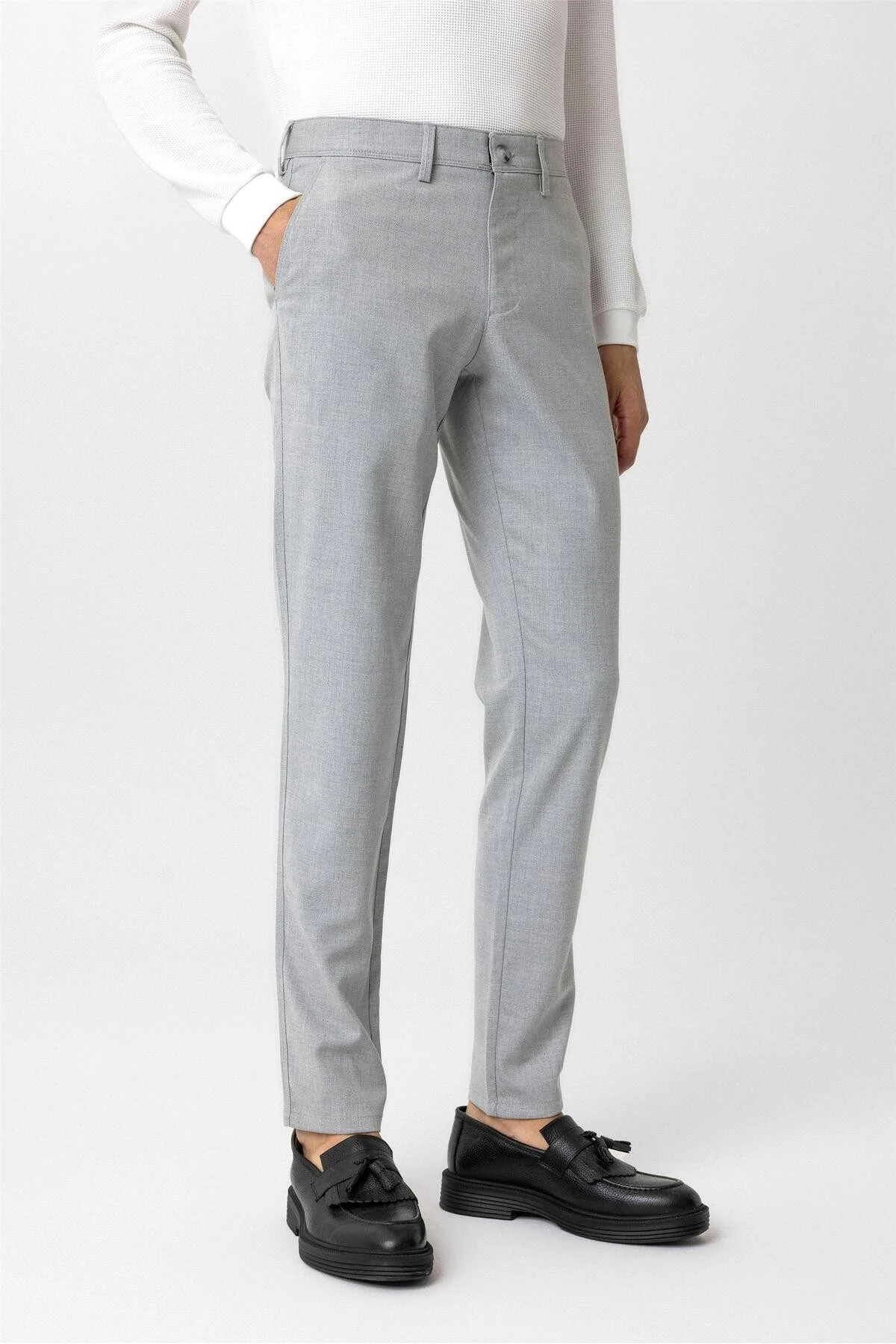 Süvari Dar Kalıp Armür Desenli Bej Keten Pantolon