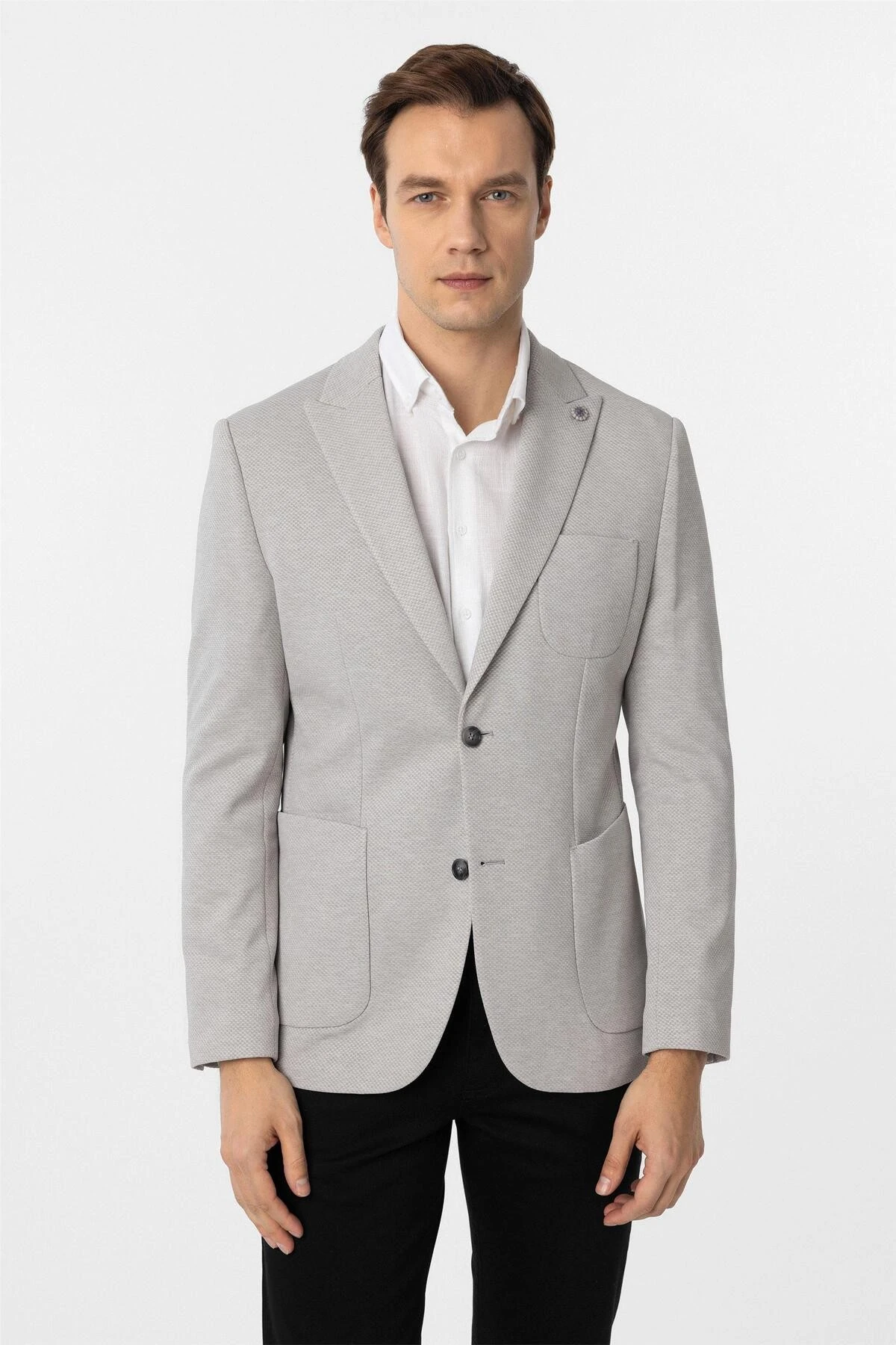 Gri Slim Fit Armürlü Sivri Yaka 6 Drop Ceket