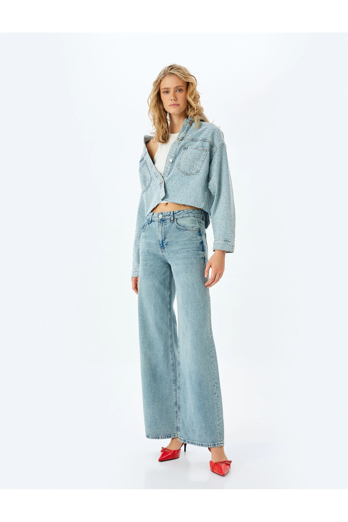 Normal Bel Geniş Paça Düğmeli Kot Pantolon - Wide Leg Jeans