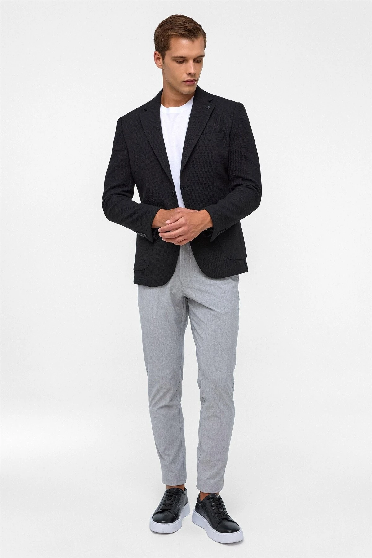 Siyah Slim Fit Desenli Mono Yaka 6 Drop Ceket