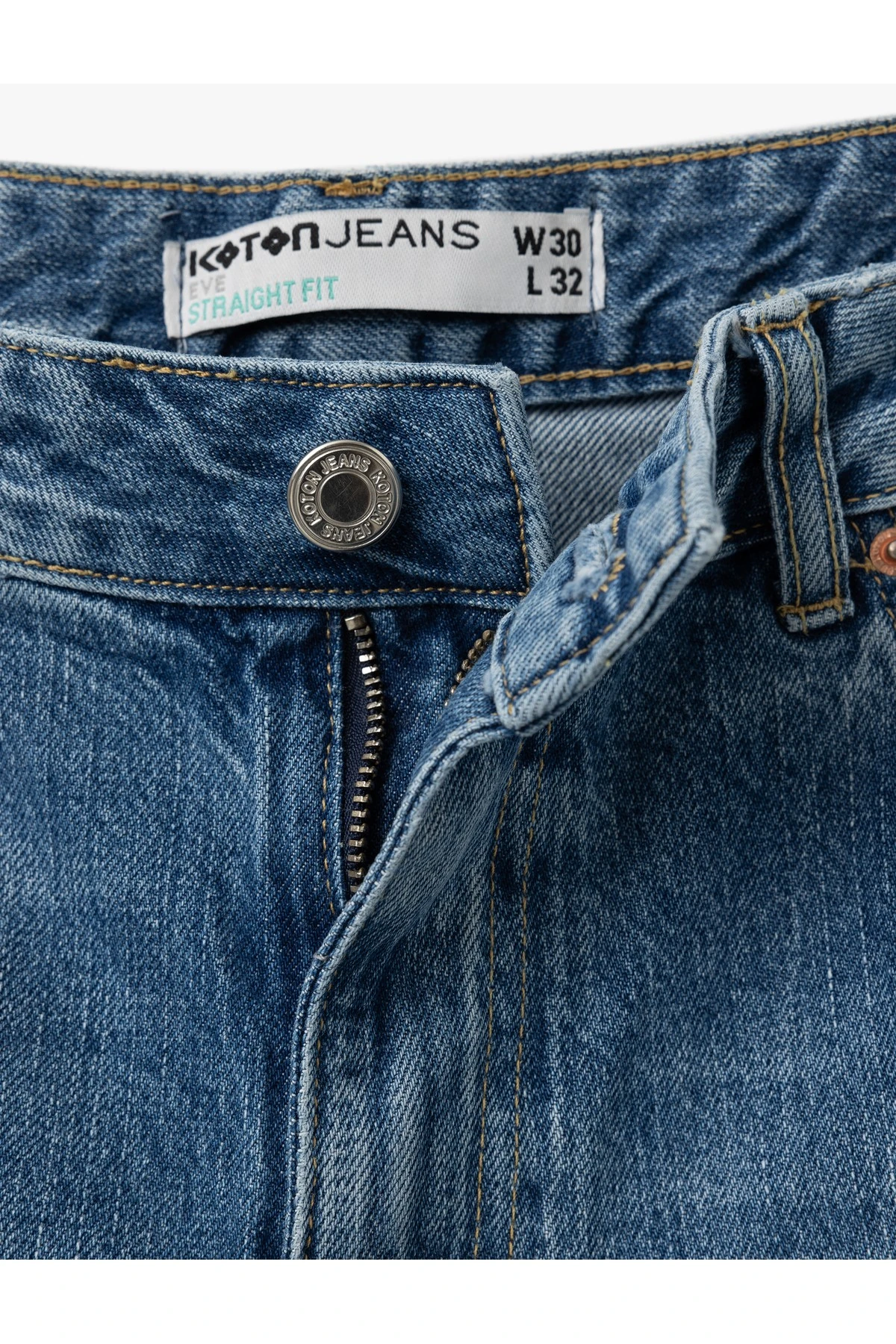 Yüksek Bel Yıpratma Detaylı Pamuklu Denim Pantolon - Straight Jeans