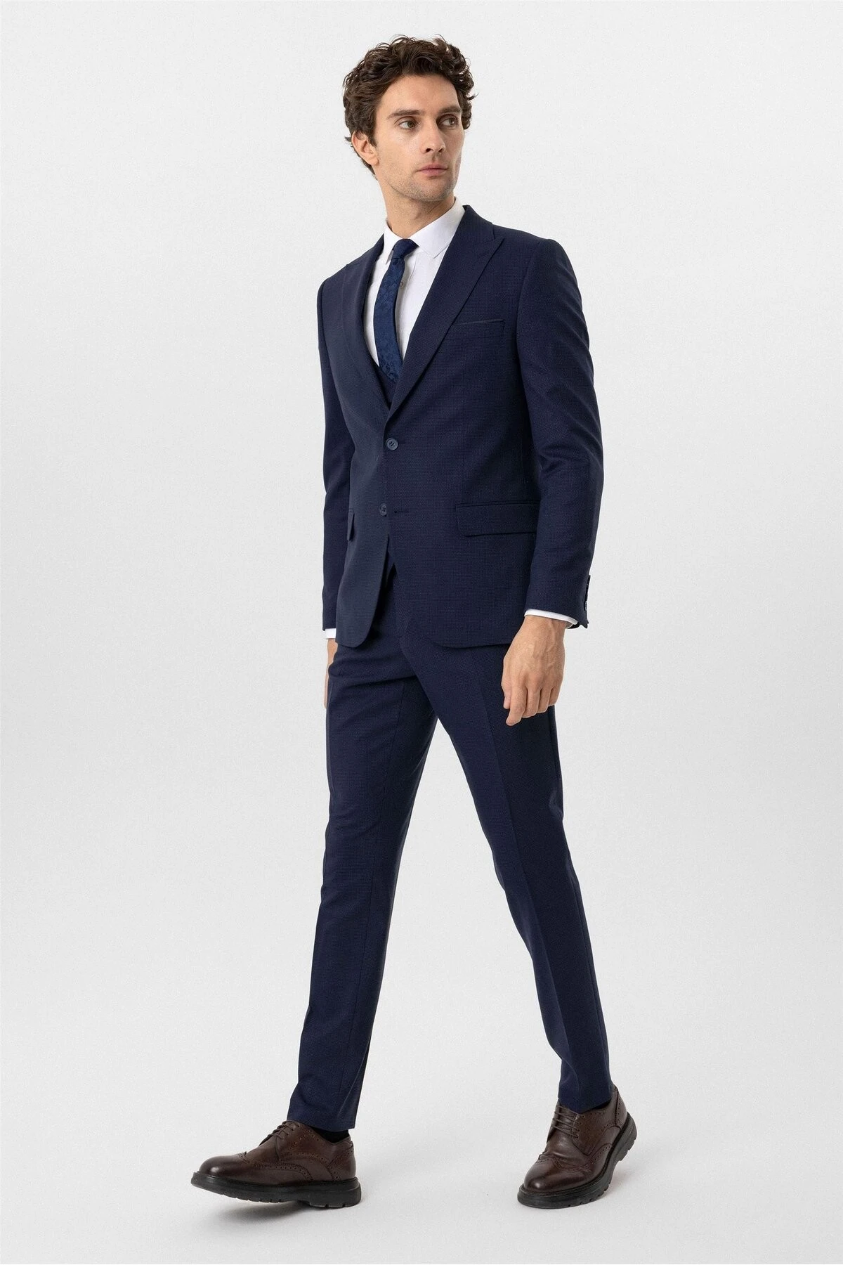 Lacivert Slim Fit Desenli Sivri Yaka 6 Drop Yelekli Klasik Takım Elbise