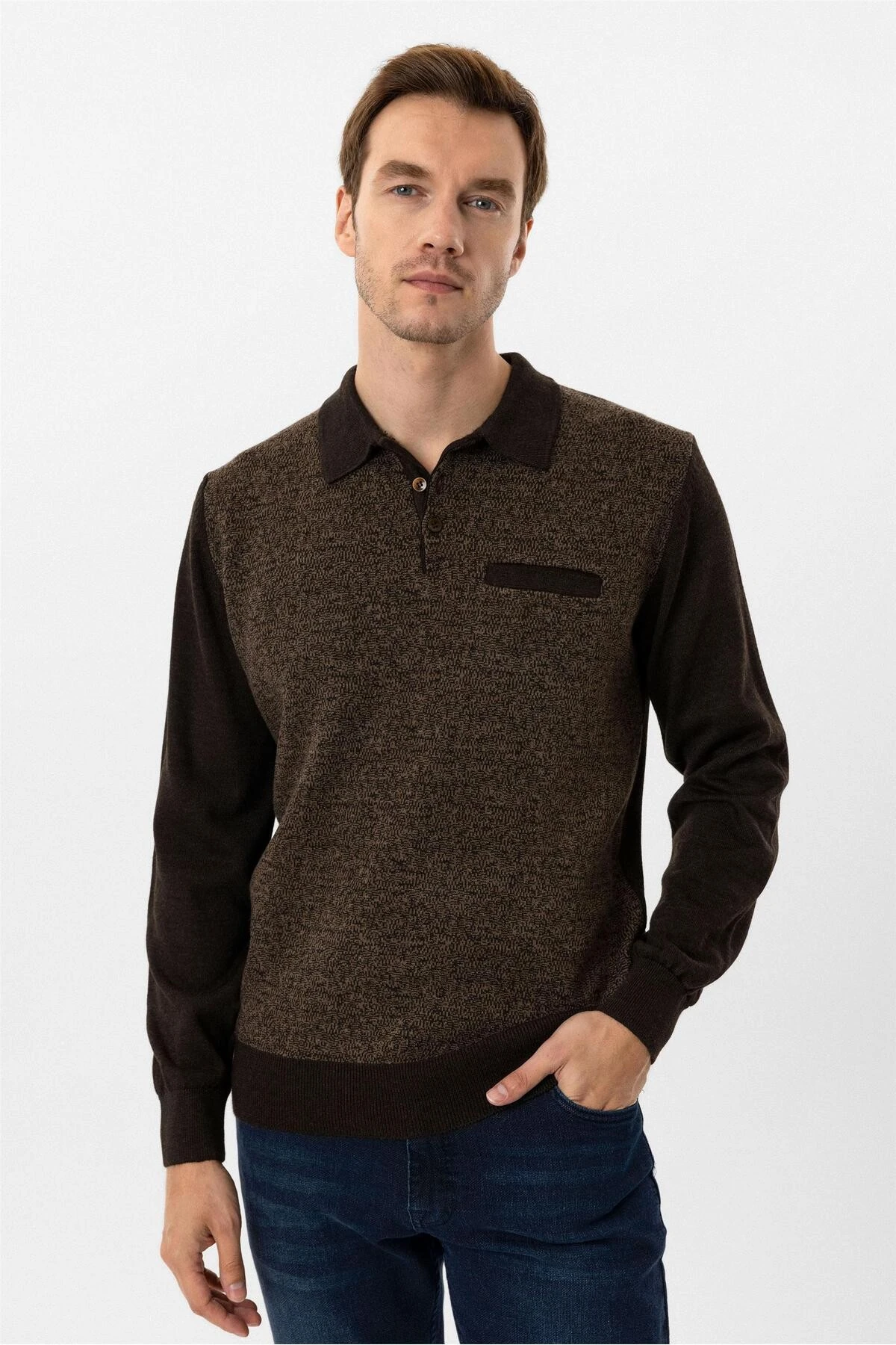 Koyu Kahve Regular Armürlü Polo Yaka Triko