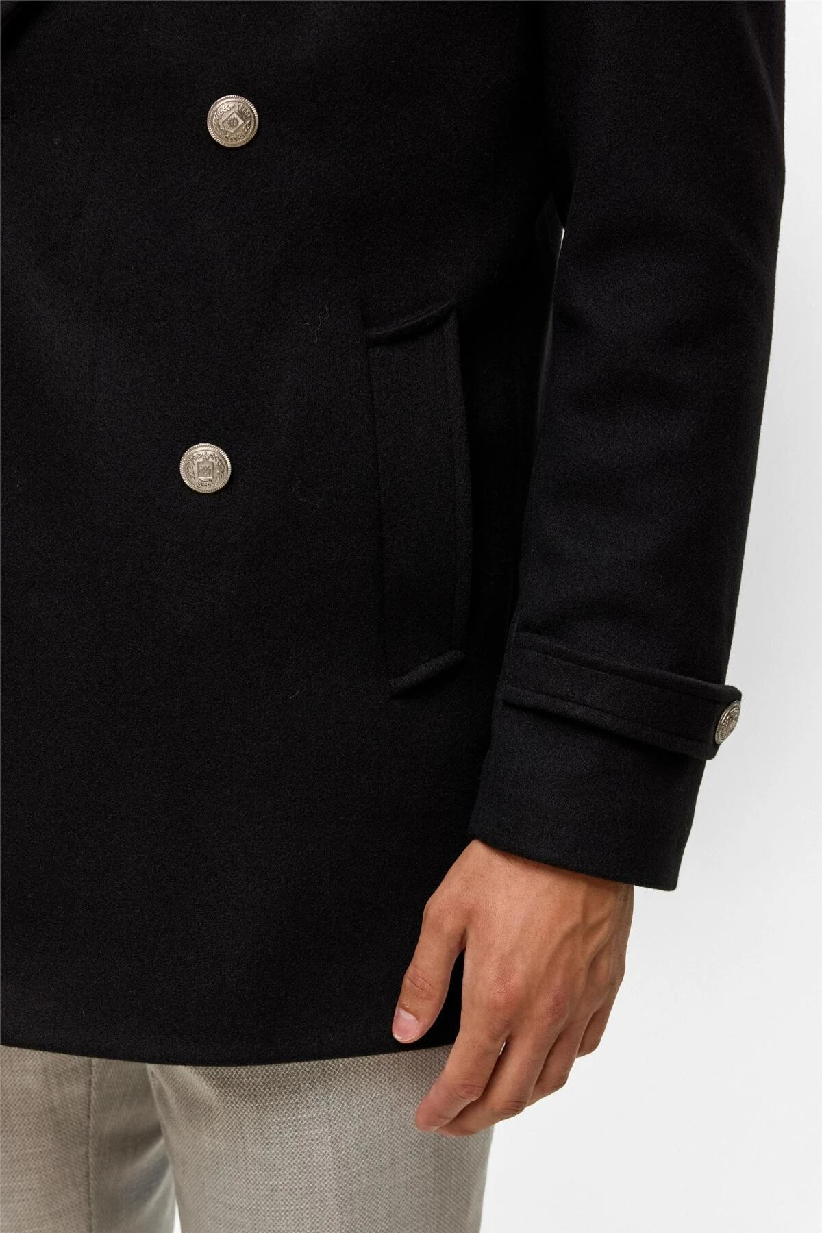 Siyah Slim Düz Kruvaze Yaka Kaban