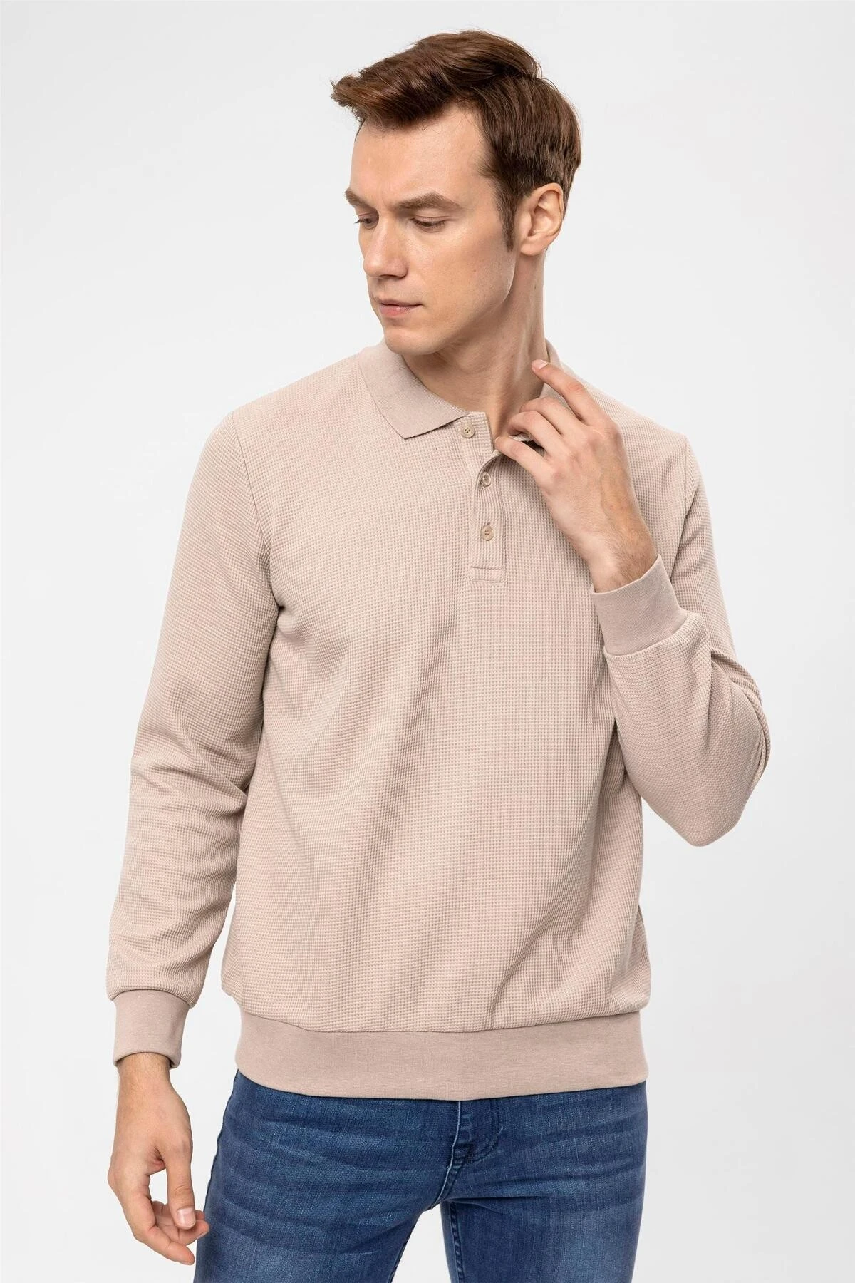 Bej Regular Armürlü Polo Yaka Sweatshirt