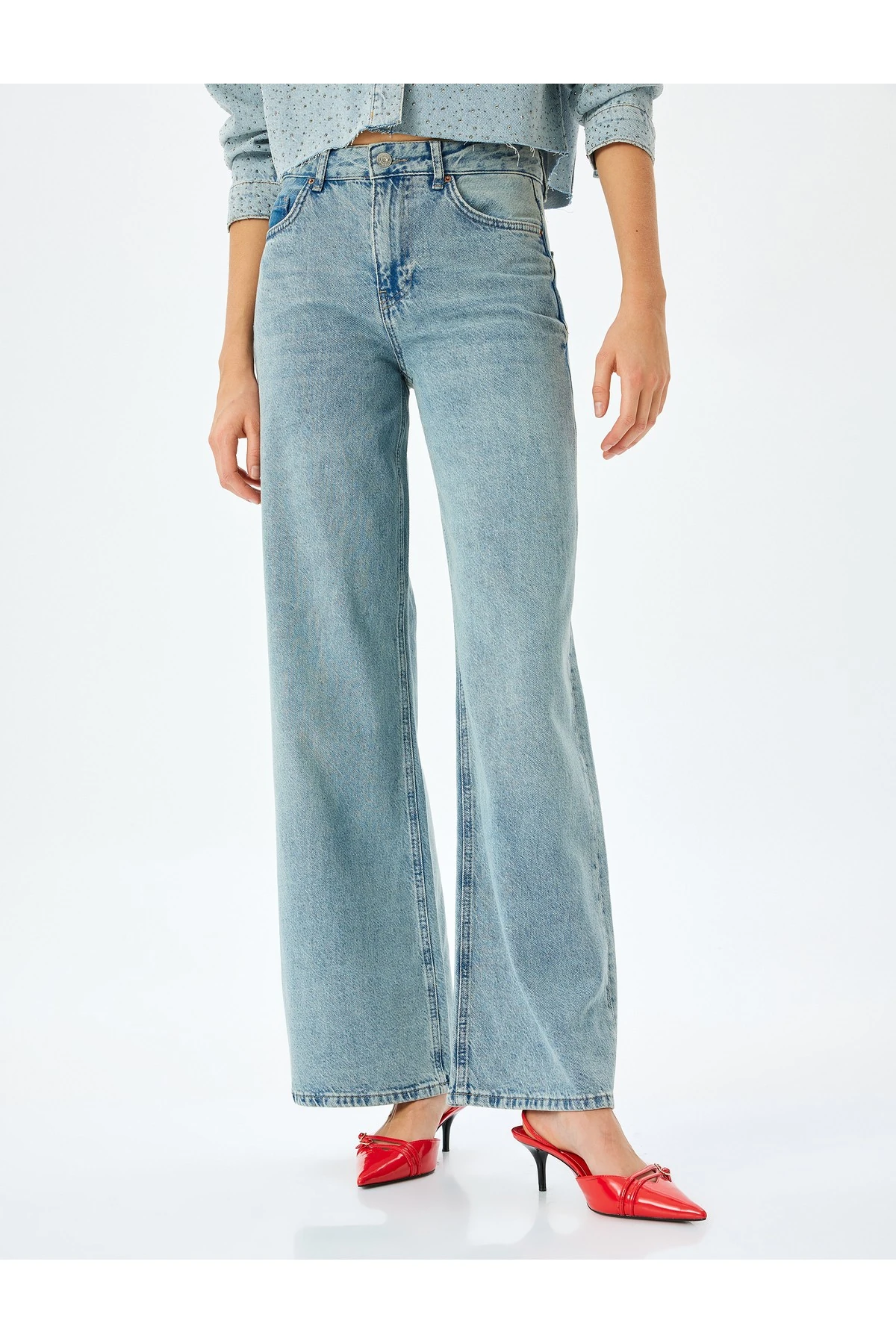 Normal Bel Geniş Paça Düğmeli Kot Pantolon - Wide Leg Jeans