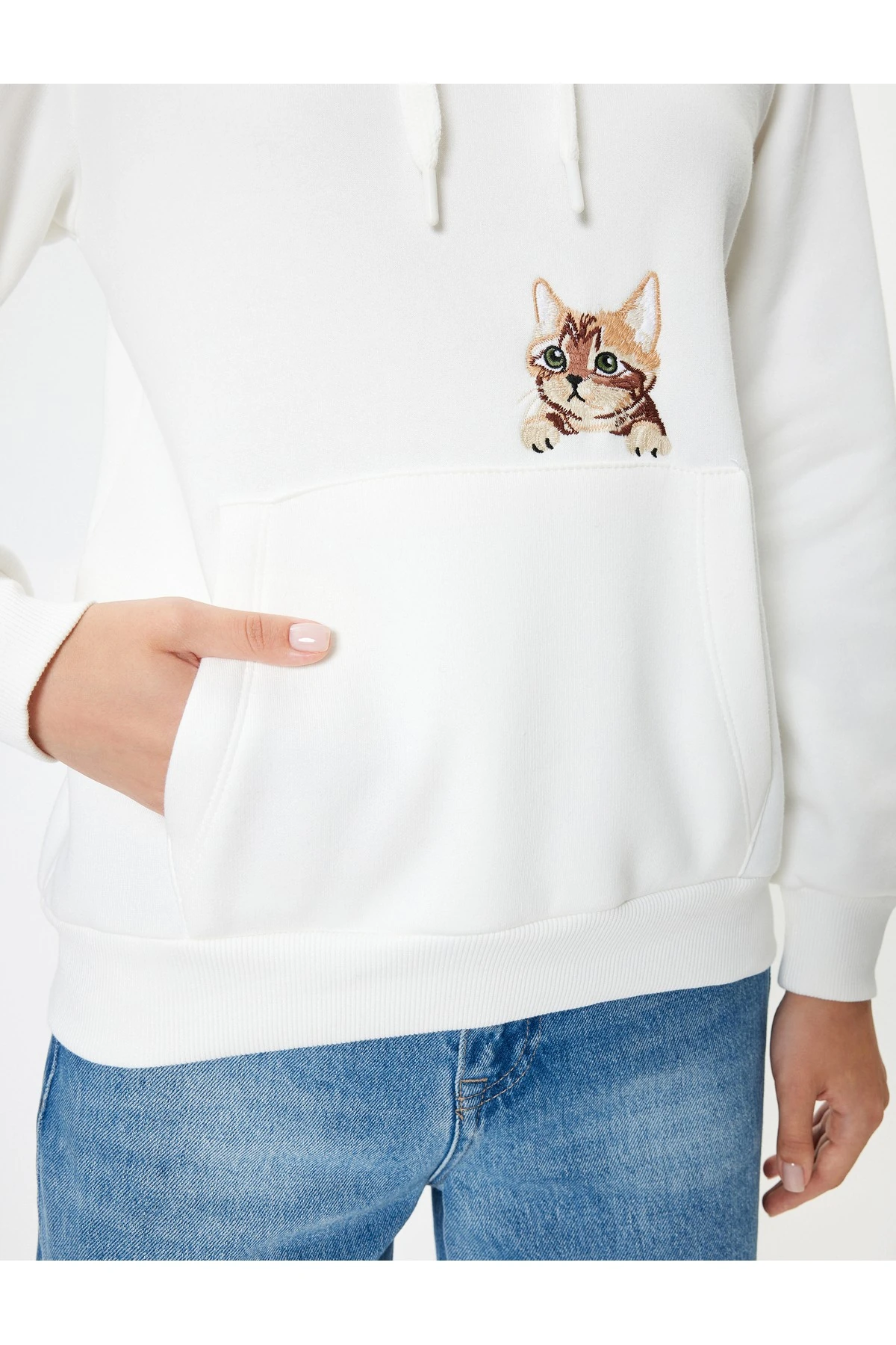 Şardonlu Oversize Kapüşonlu Sweatshirt Cep Detaylı Kedi Nakışlı