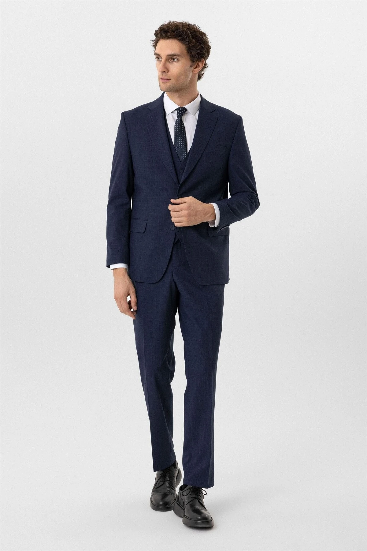 Lacivert Regular Desenli Mono Yaka 4 Drop Yelekli Klasik Takım Elbise