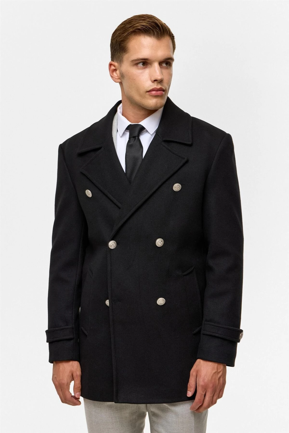 Siyah Slim Düz Kruvaze Yaka Kaban