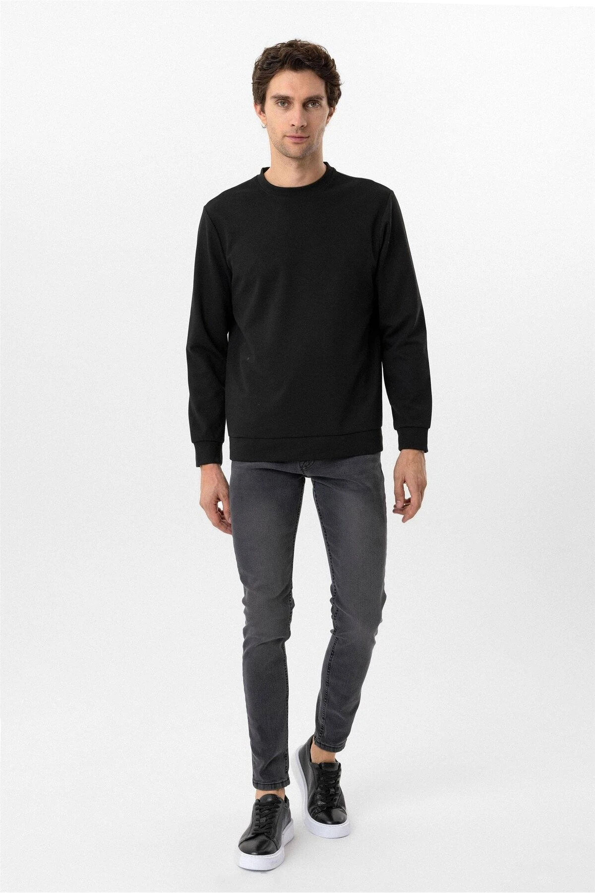 Siyah Regular Düz Bisiklet Yaka Triko