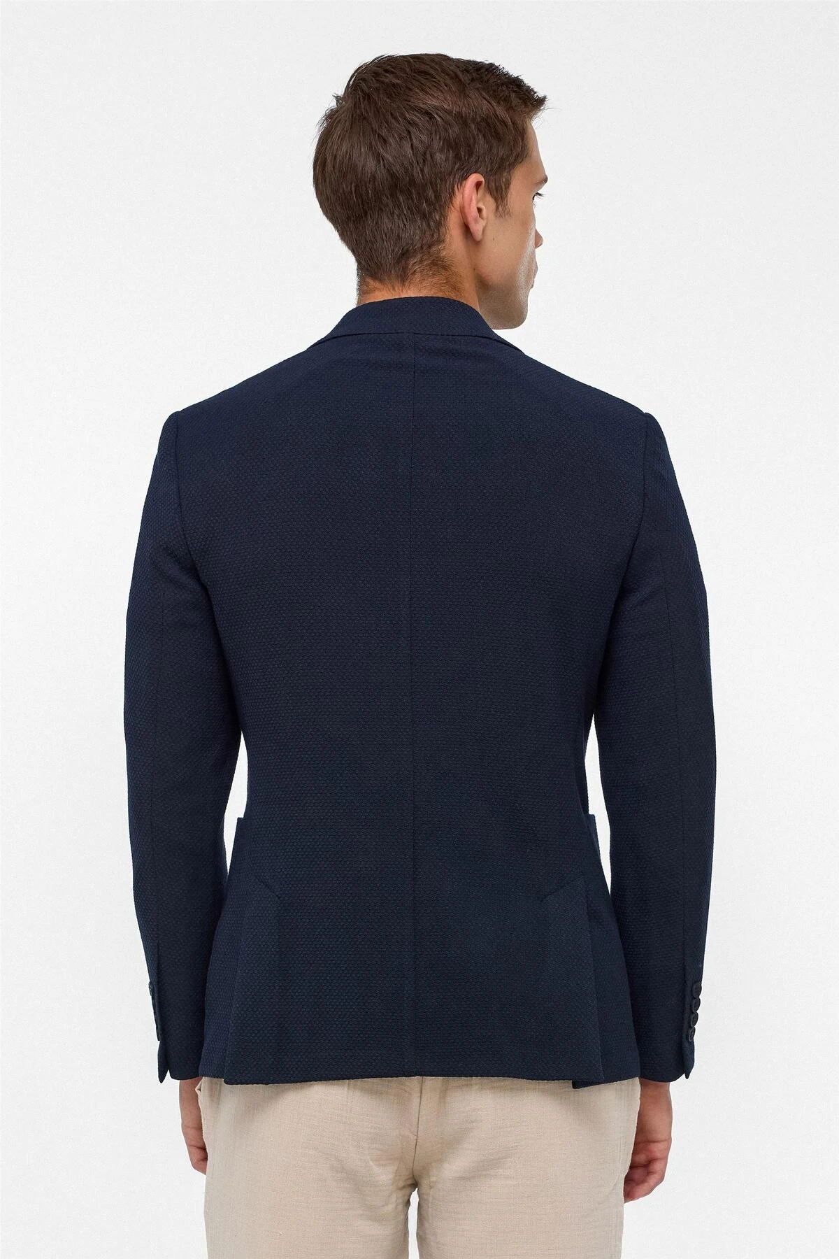 Lacivert Slim Desenli Sivri Yaka 6 Drop Ceket