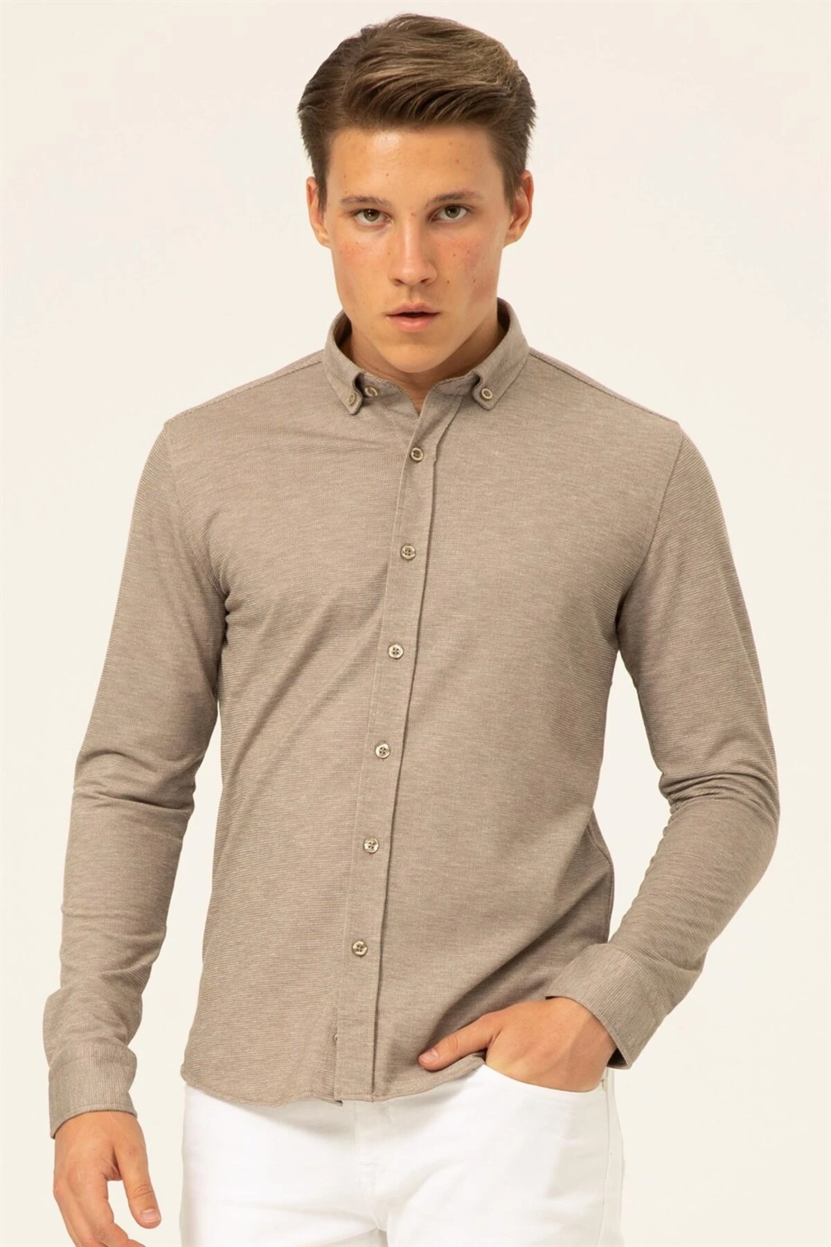 Süvari Slim Fit Uzun Kol Jakarlı Örme Bej Erkek Gömlek