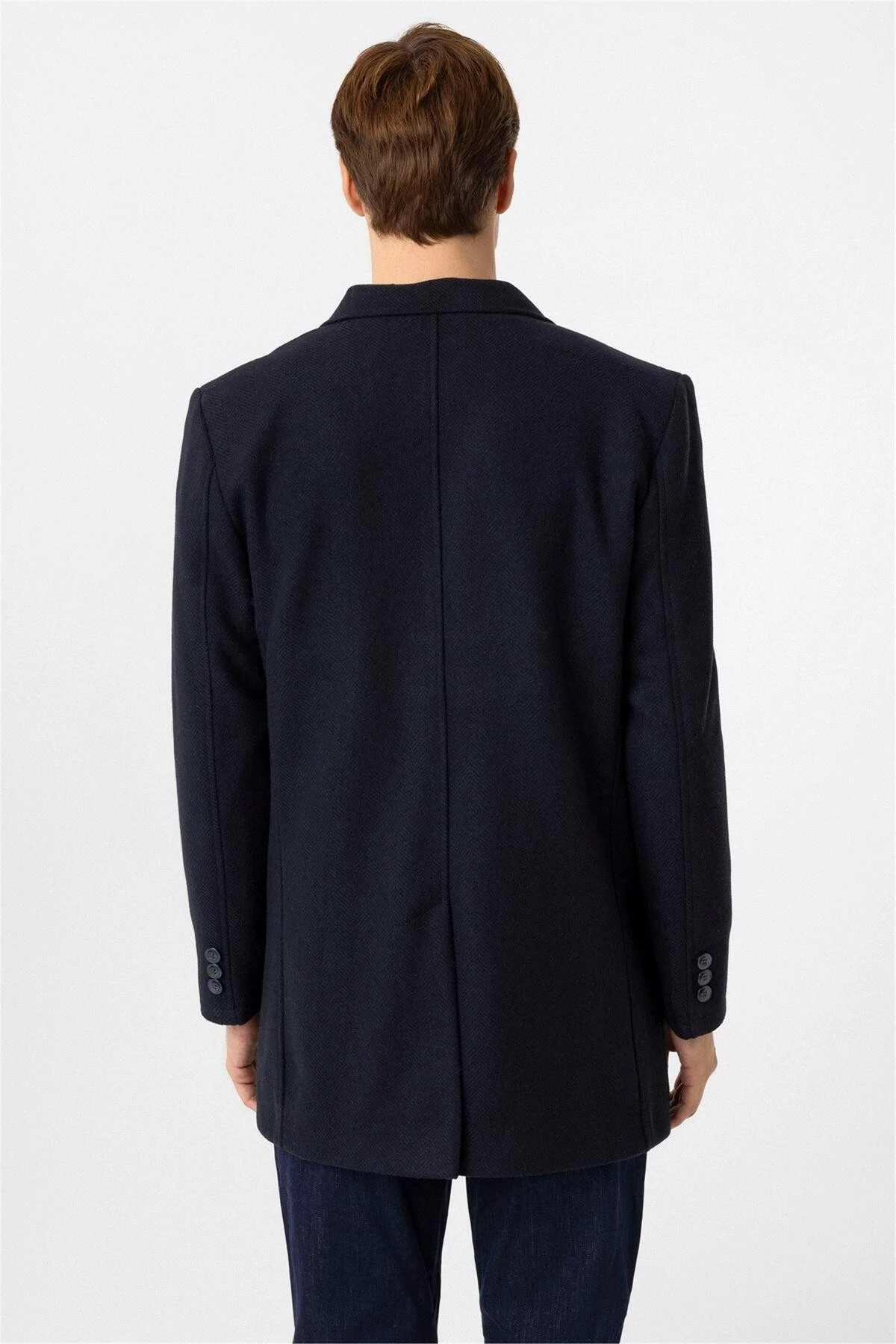 Lacivert Slim Desenli Sivri Yaka Kaban