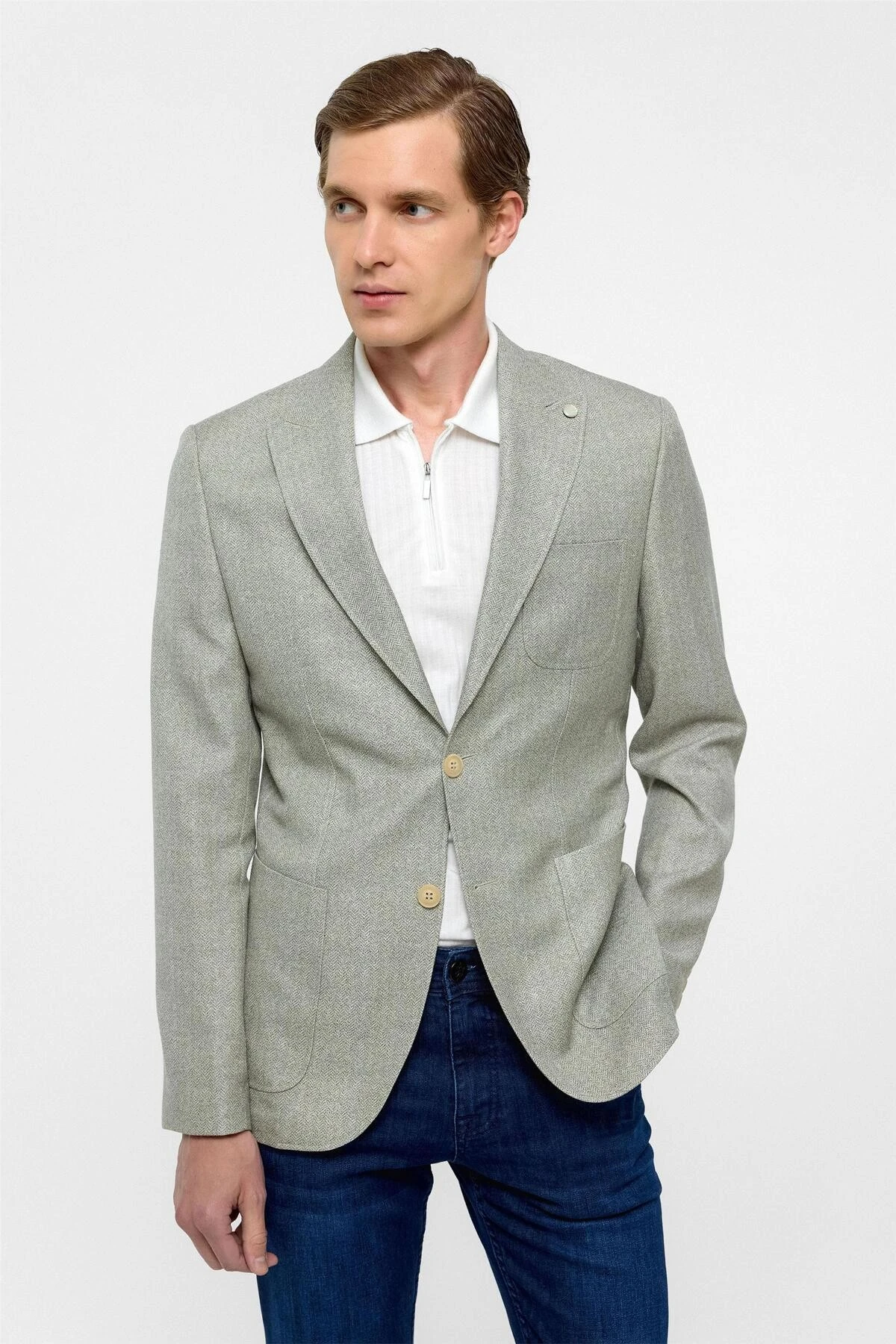 Su Yeşili Slim Fit Desenli Sivri Yaka 6 Drop Ceket