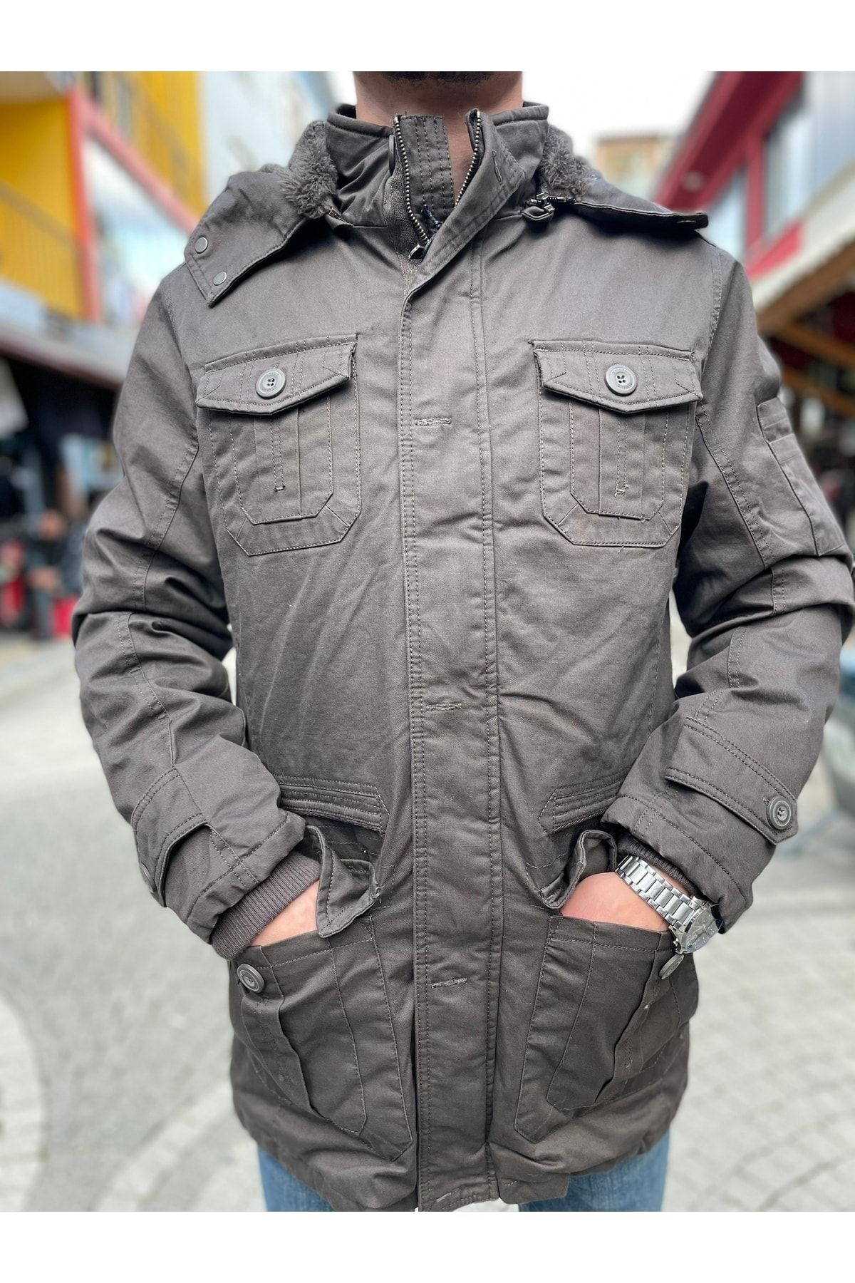 Içi Polarlı Suya Dayanıklı Kanvas Kumaş Çıkarılabilir Kapüşonlu Parka Kaban Kahverengi Vizon