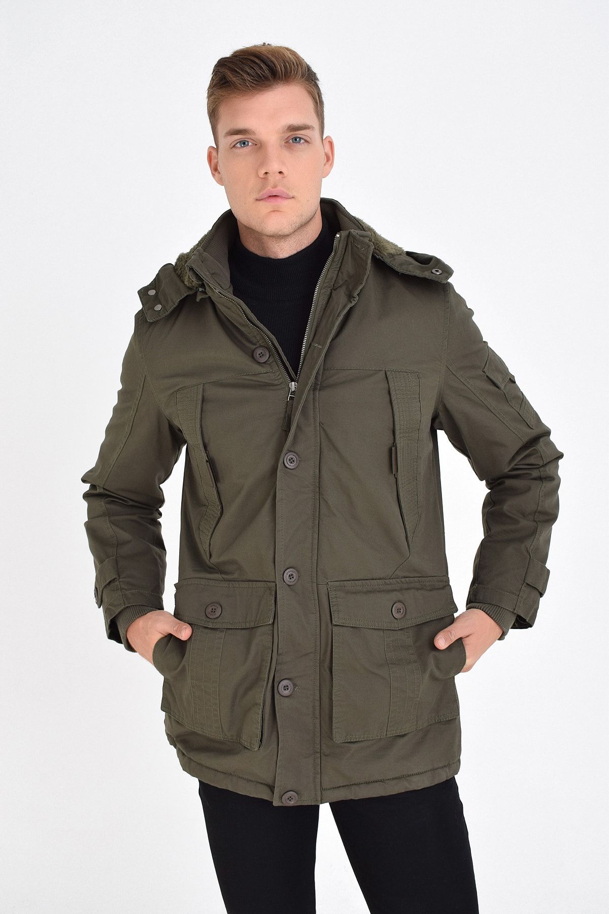 Erkek Askeri Yeşil Büyük Beden Su Geçirmez Kaplamalı Suni Kürk Astarlı Kalın Kaban